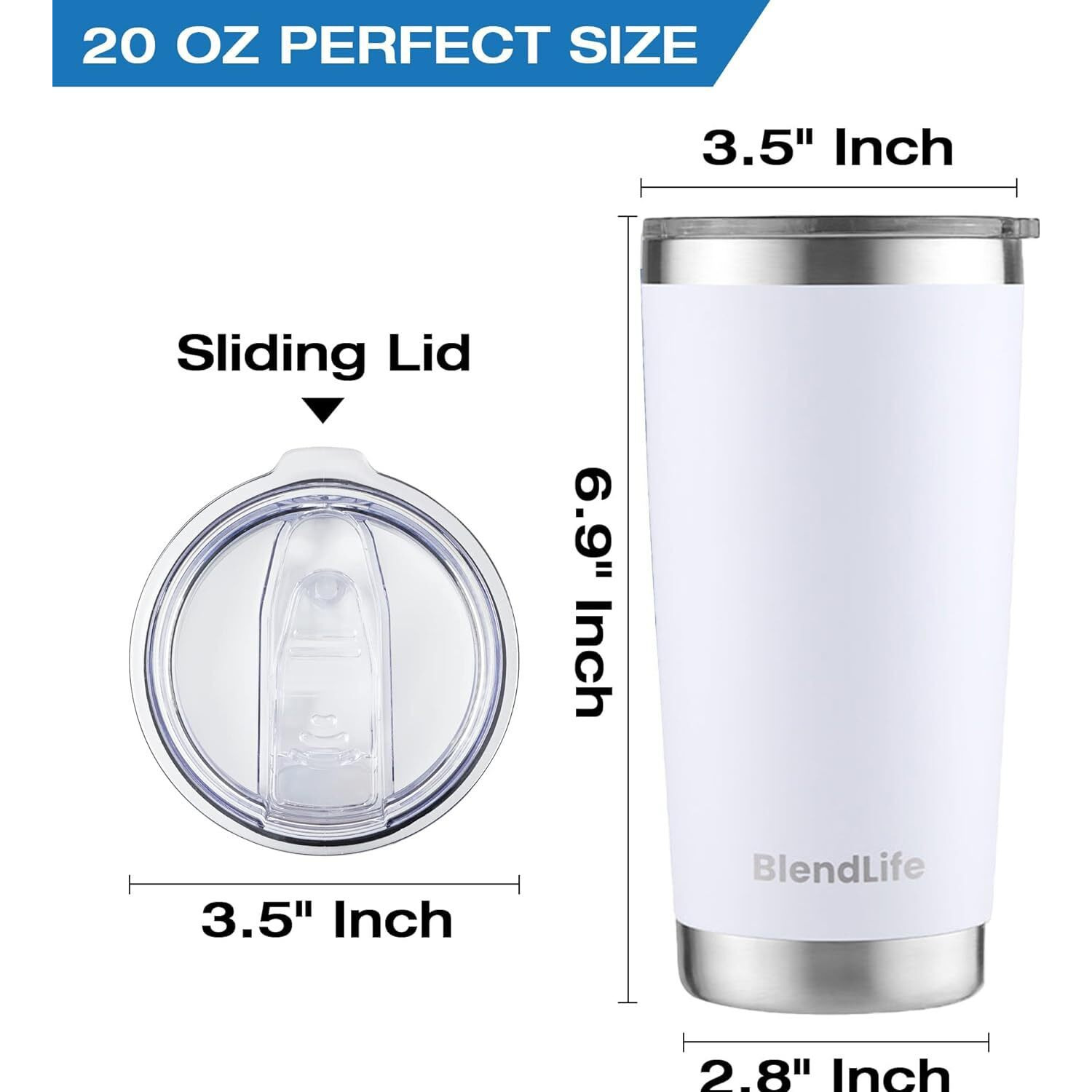 Blendlife Insulated Tumbler With Lid & Reusable Straw | 600Ml Stainless Steel Double-Wall Vacuum Travel Mug | Keeps Drinks Hot Or Icy Cold For Hours | Durable, Stylish Coffee & Beverage Mug | White