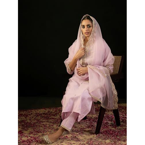Indo Era Women's Lavender Viscose Embroidered Straight Kurta & Pant With Dupatta Suit Set (Kh1Lv9583_Small)
