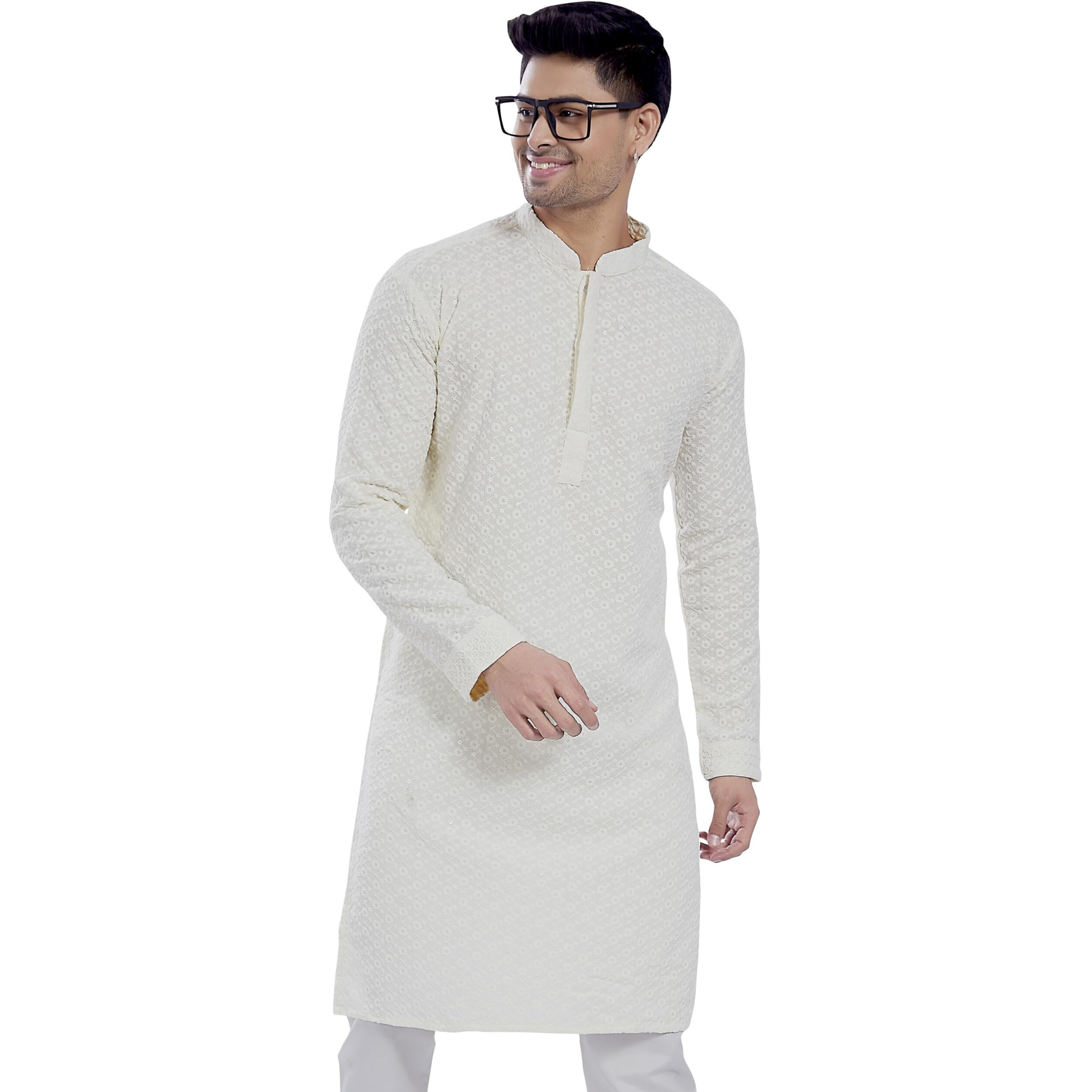 Divisive Men's Sequince Embroidered Cotton Blend Only Slim Fit Kurta (Dkrt674_S_Cream)