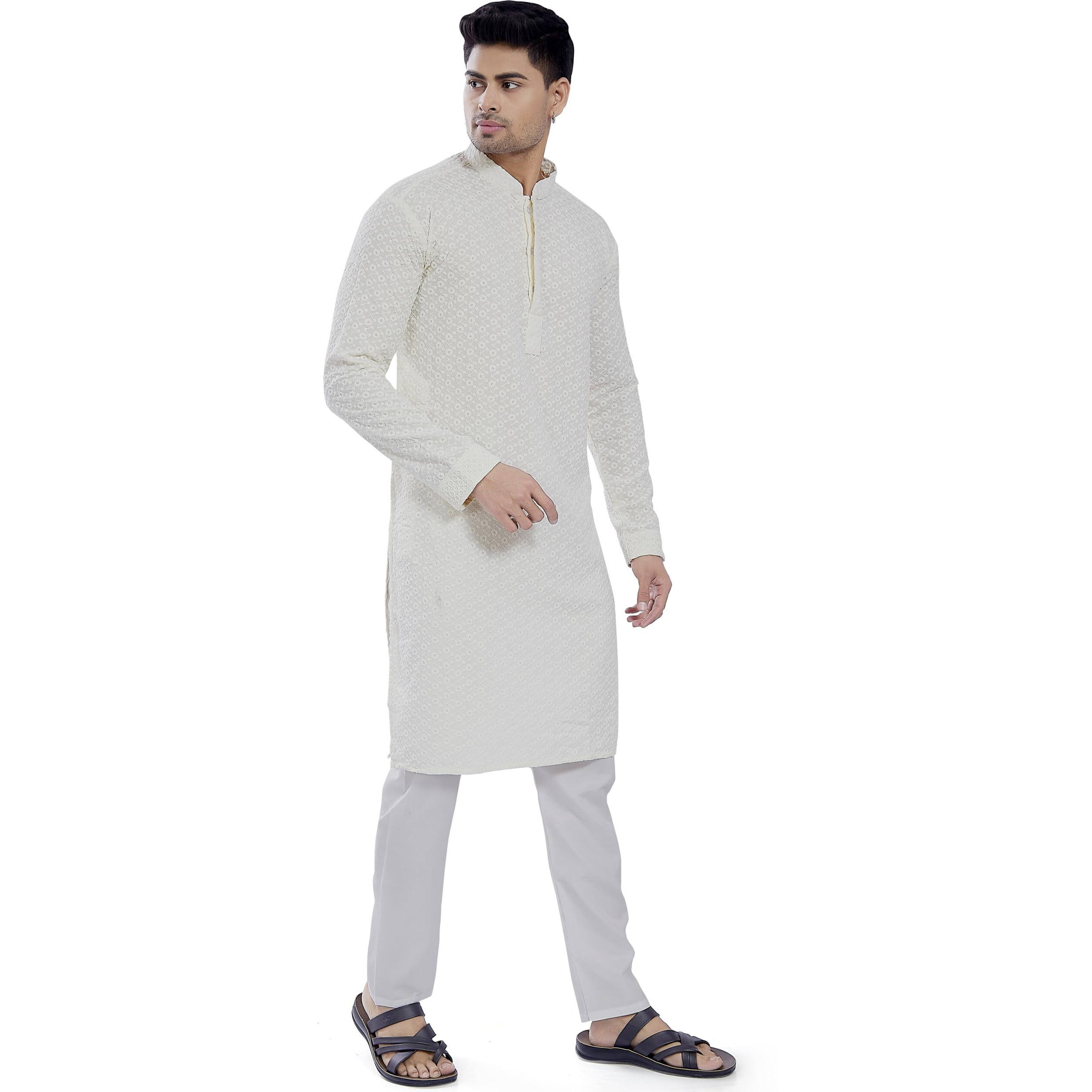 Divisive Men's Sequince Embroidered Cotton Blend Only Slim Fit Kurta (Dkrt674_S_Cream)