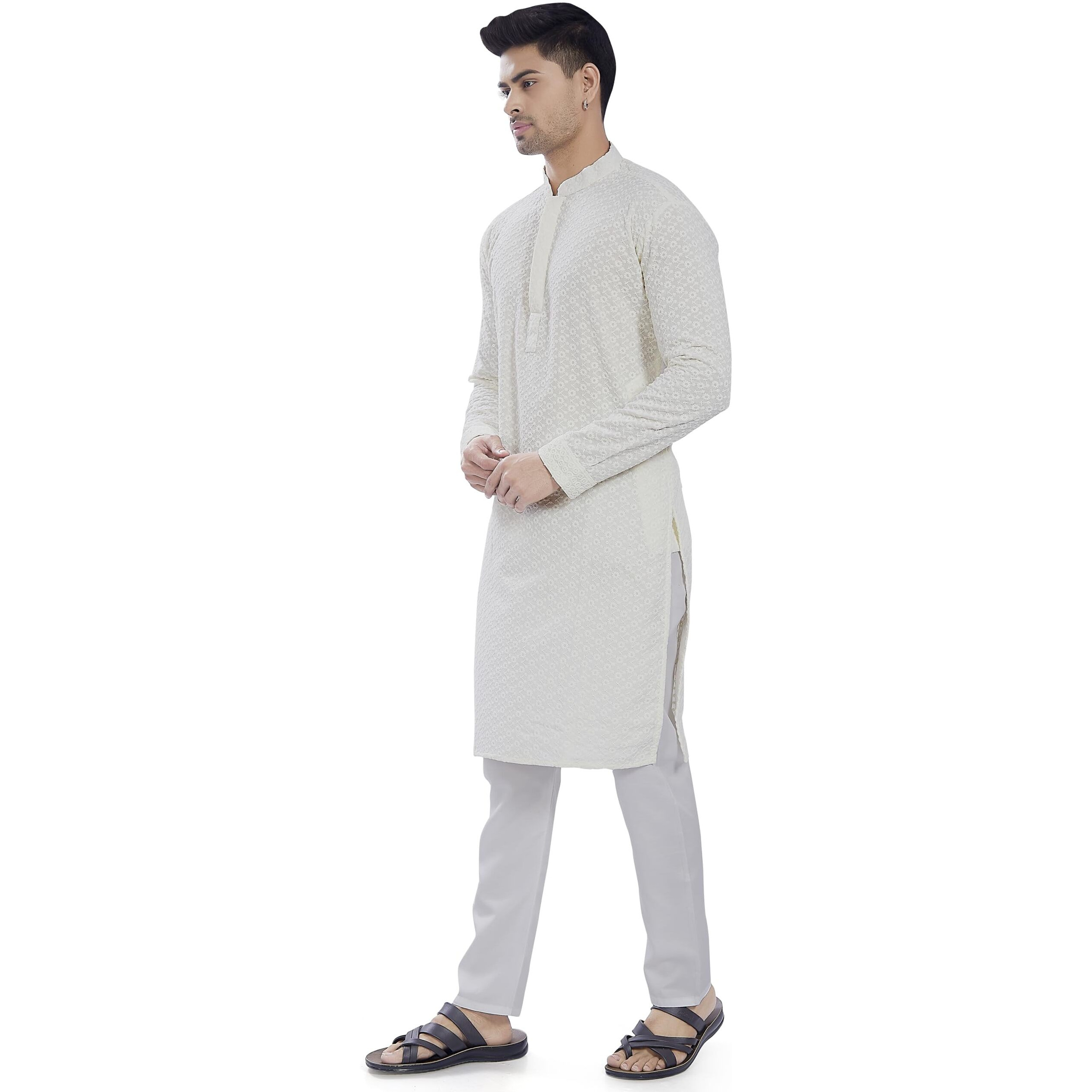 Divisive Men's Sequince Embroidered Cotton Blend Only Slim Fit Kurta (Dkrt674_S_Cream)