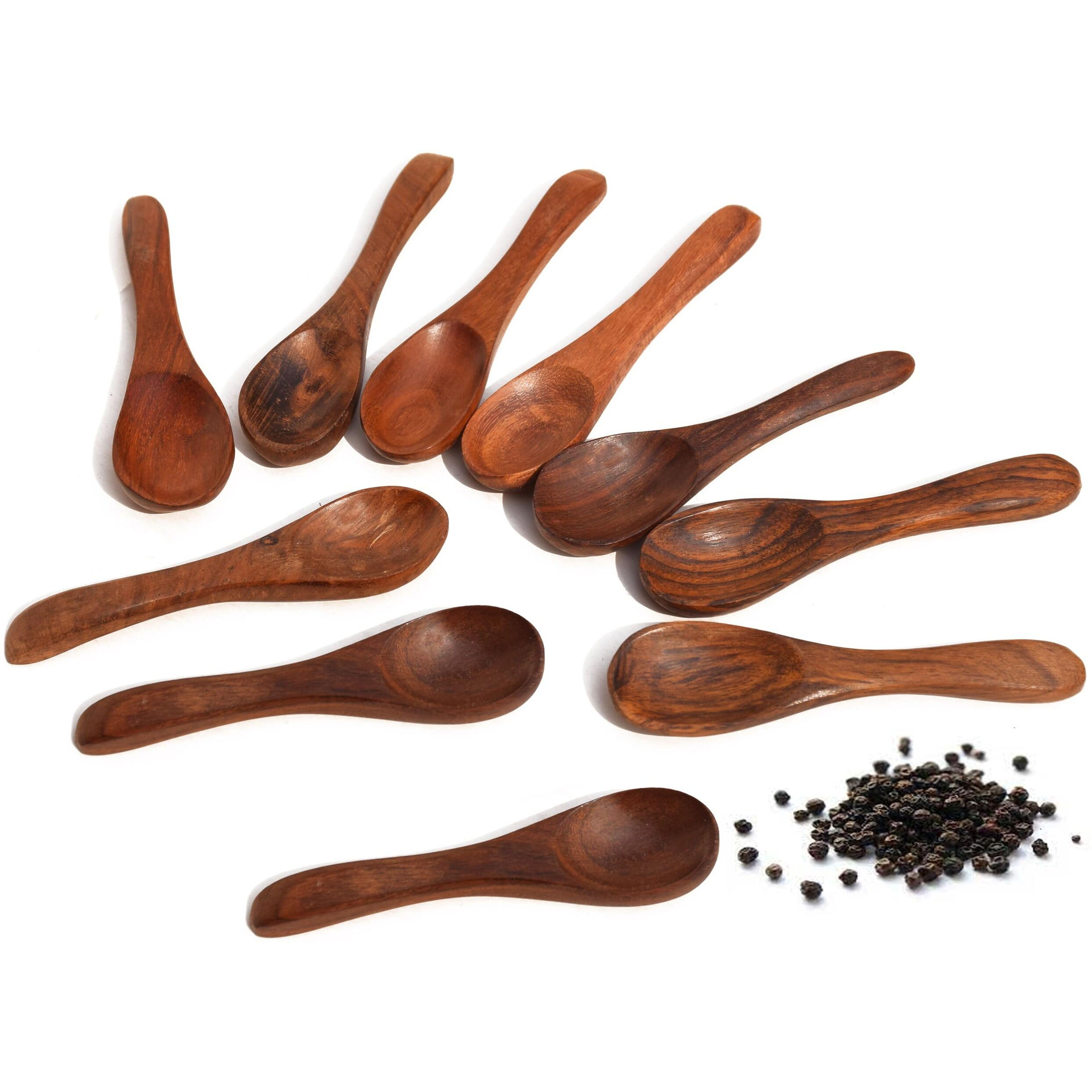 Pure Source India Wooden Masala Spoon For Small Containers, Handmade Wooden Spoon For Tea, Coffee, Sugar, Condiments & Spices, Set Of 10 (4 Inch)