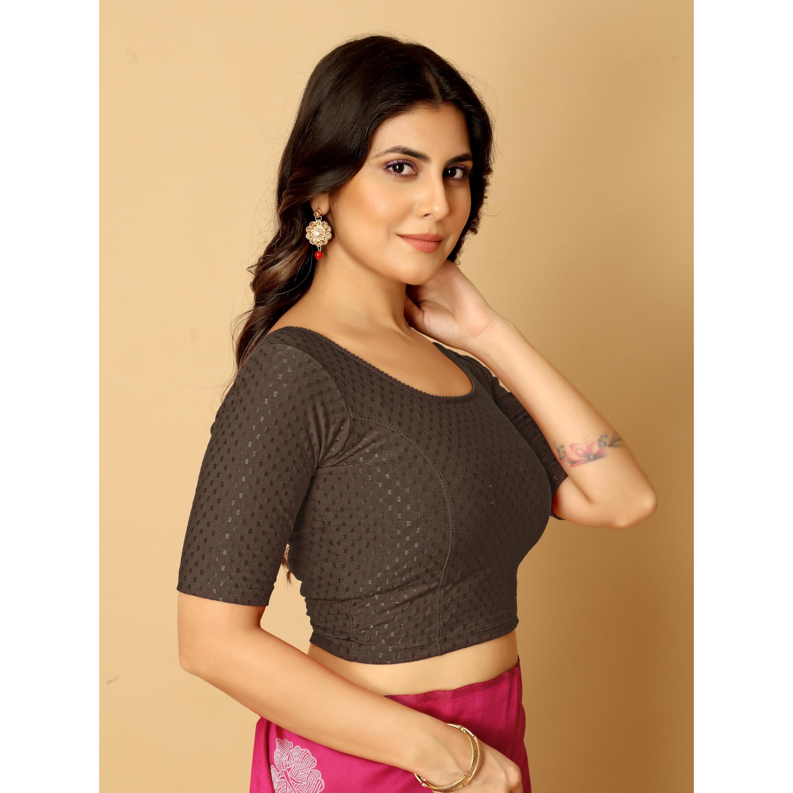 Amazon Brand - Anarva Round Neck Dobby Cotton Lycra Stretchable Elbow Sleeve Readymade Saree Blouse For Women Stylish (Cotton-Dobbi-Coffee-Xl)