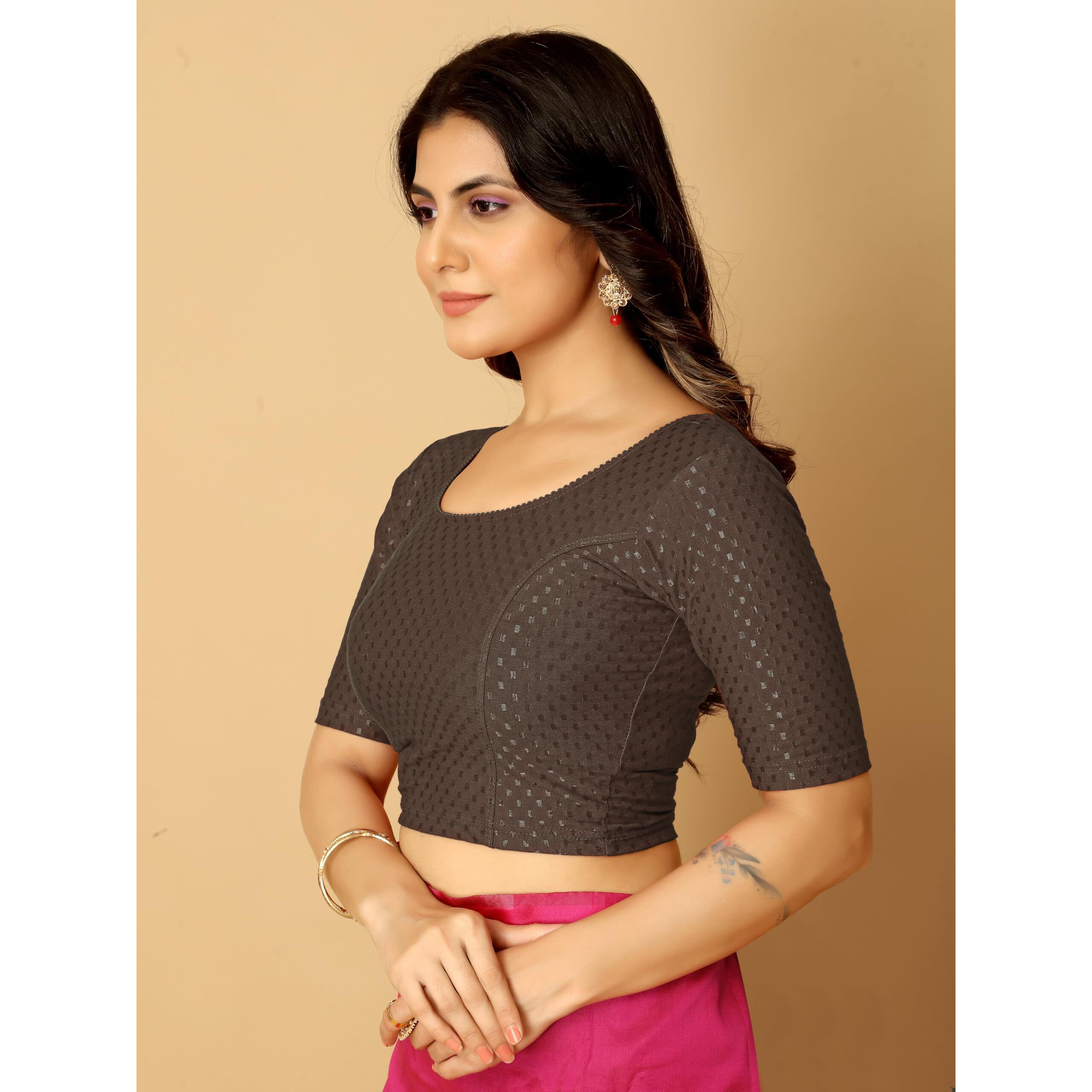 Amazon Brand - Anarva Round Neck Dobby Cotton Lycra Stretchable Elbow Sleeve Readymade Saree Blouse For Women Stylish (Cotton-Dobbi-Coffee-Xl)
