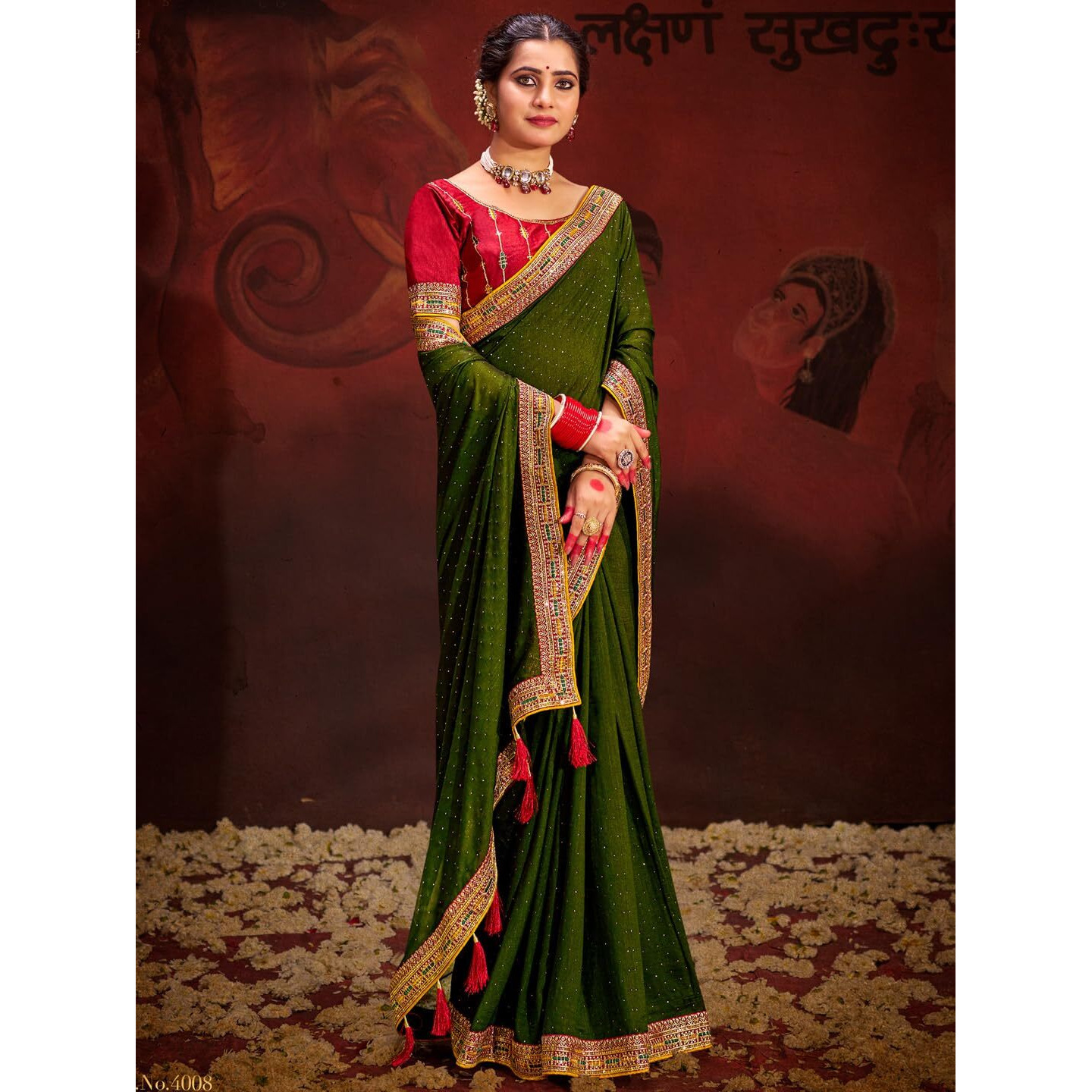 Saree Mall Women's Olive Vichitra Silk Embroidered Saree With Unstitched Blouse Piece(Ayushi4008_Sum)