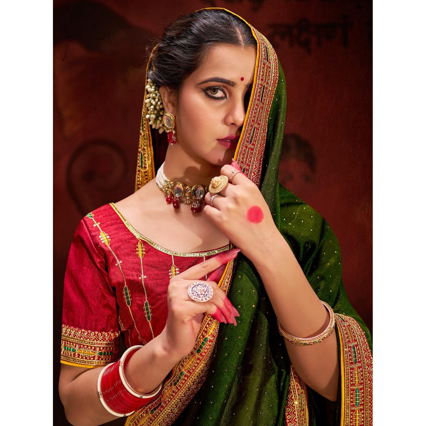 Saree Mall Women's Olive Vichitra Silk Embroidered Saree With Unstitched Blouse Piece(Ayushi4008_Sum)