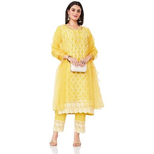 Amazon Brand - Myx Women's Embroidered Cotton Kurta Pant Set With Organza Dupatta (Ss25-Myx-Sur-Ks-18_Yellow_S)