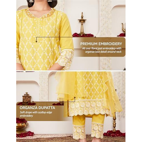Amazon Brand - Myx Women's Embroidered Cotton Kurta Pant Set With Organza Dupatta (Ss25-Myx-Sur-Ks-18_Yellow_S)