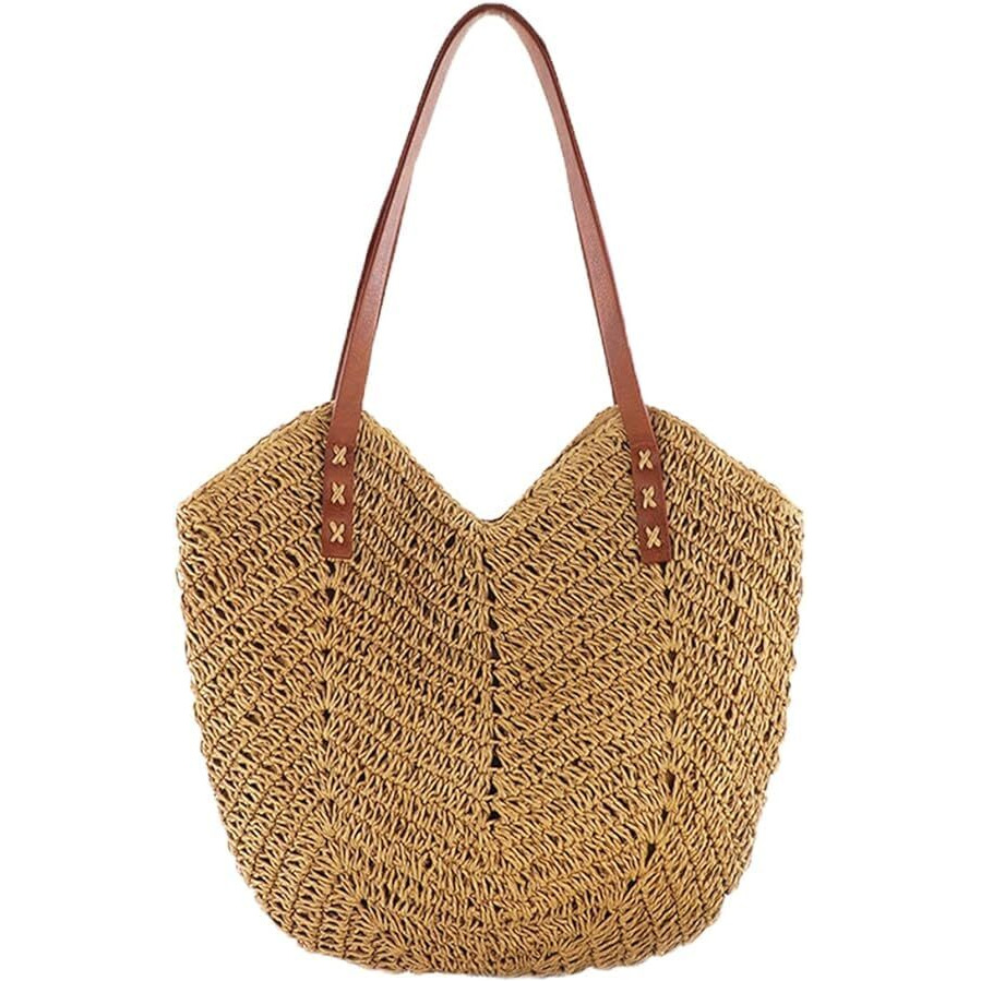 Mairo Lifestyle Womens Straw Wicker Handmade Boho Summer Beach Braided Shoulder Bag (Light Brown)