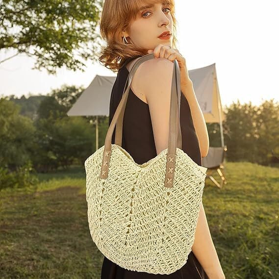 Mairo Lifestyle Womens Straw Wicker Handmade Boho Summer Beach Braided Shoulder Bag (Beige)