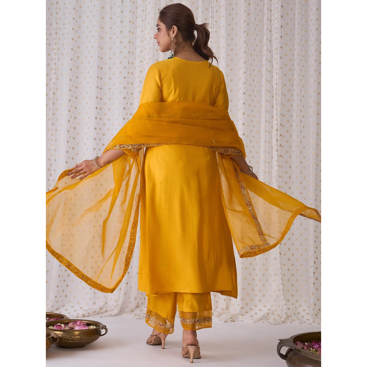 Indo Era Women's Embroidered Viscose A-Line Kurta & Palazzo With Dupatta Set (Kh1Yl6110_Small)