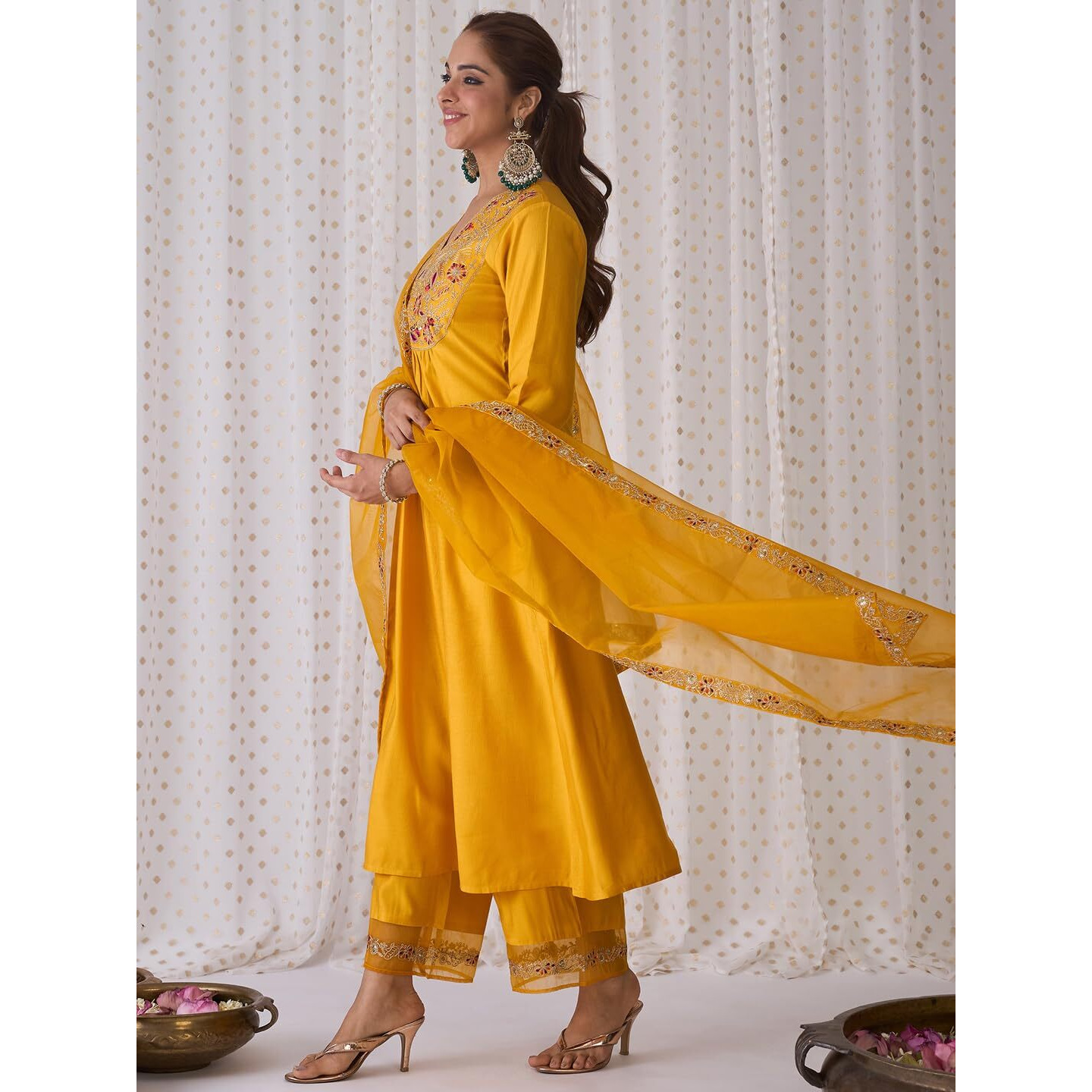 Indo Era Women's Embroidered Viscose A-Line Kurta & Palazzo With Dupatta Set (Kh1Yl6110_Small)