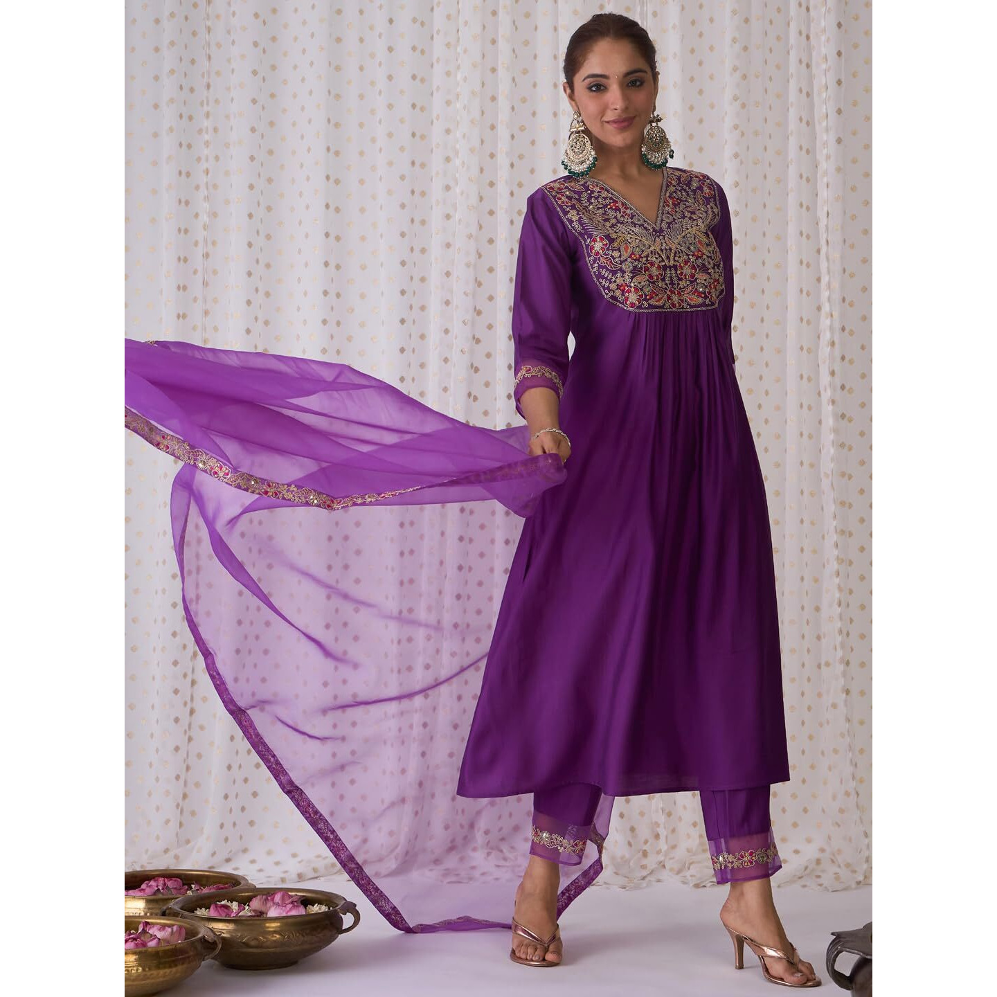 Indo Era Women's Embroidered Viscose A-Line Kurti Pant And Dupatta Set (Kh1Pr6105_Xx-Large)