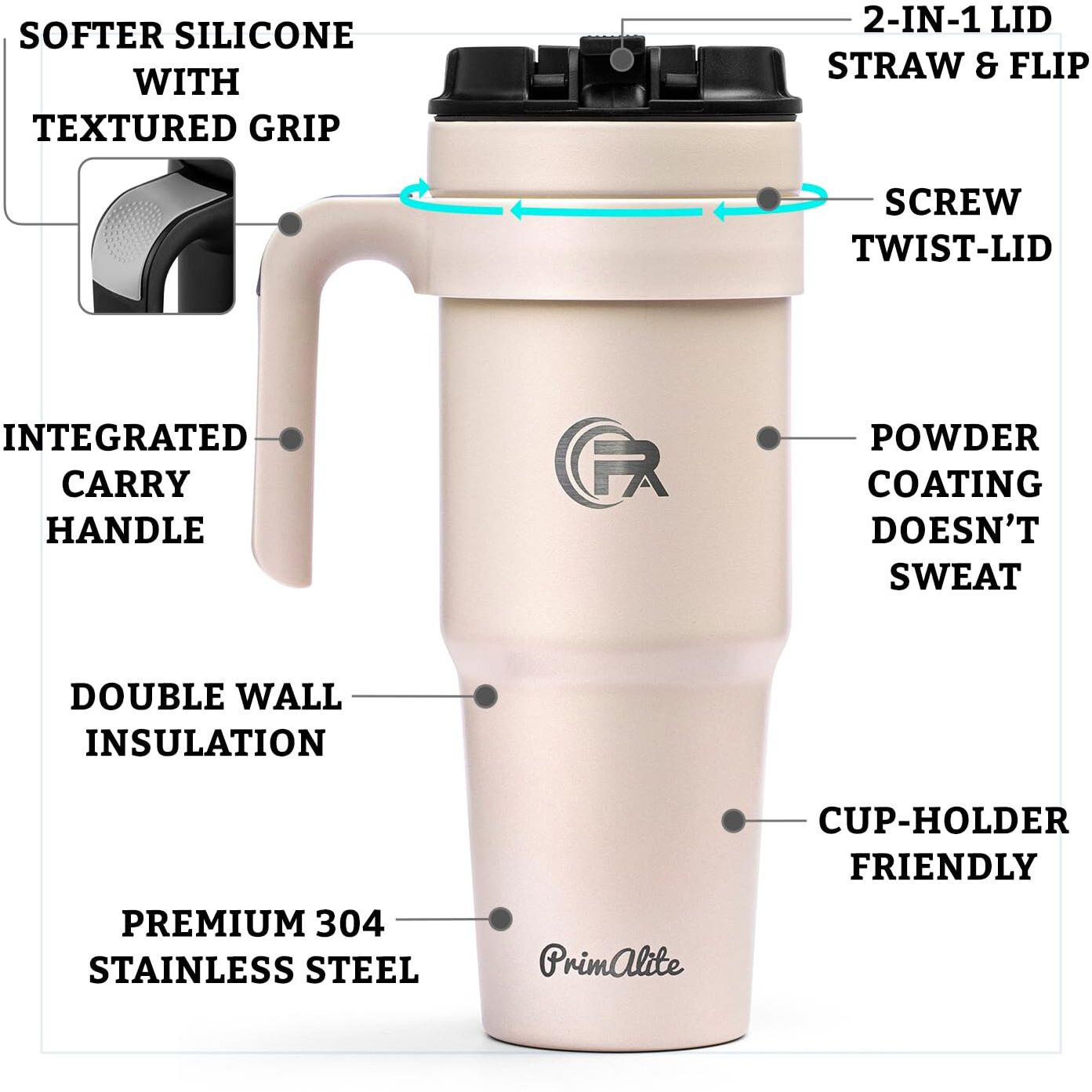 Primalite 1200Ml Stainless Steel Insulated Tumbler With Handle | 2-In-1 Straw & Flip Lid | 40Oz Travel Mug Bottle For Hot, Cold Drink | Fits In Car Cupholder For Water, Iced Tea, Coffee- Rose Quartz