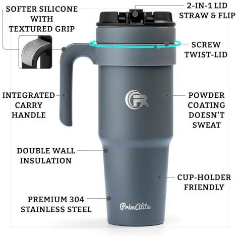Primalite 1200Ml Stainless Steel Insulated Tumbler With Handle | 2-In-1 Straw & Flip Lid | 40Oz Travel Mug Bottle For Hot, Cold Drink | Fits In Car Cupholder For Water, Iced Tea, Coffee- Smokey Grey