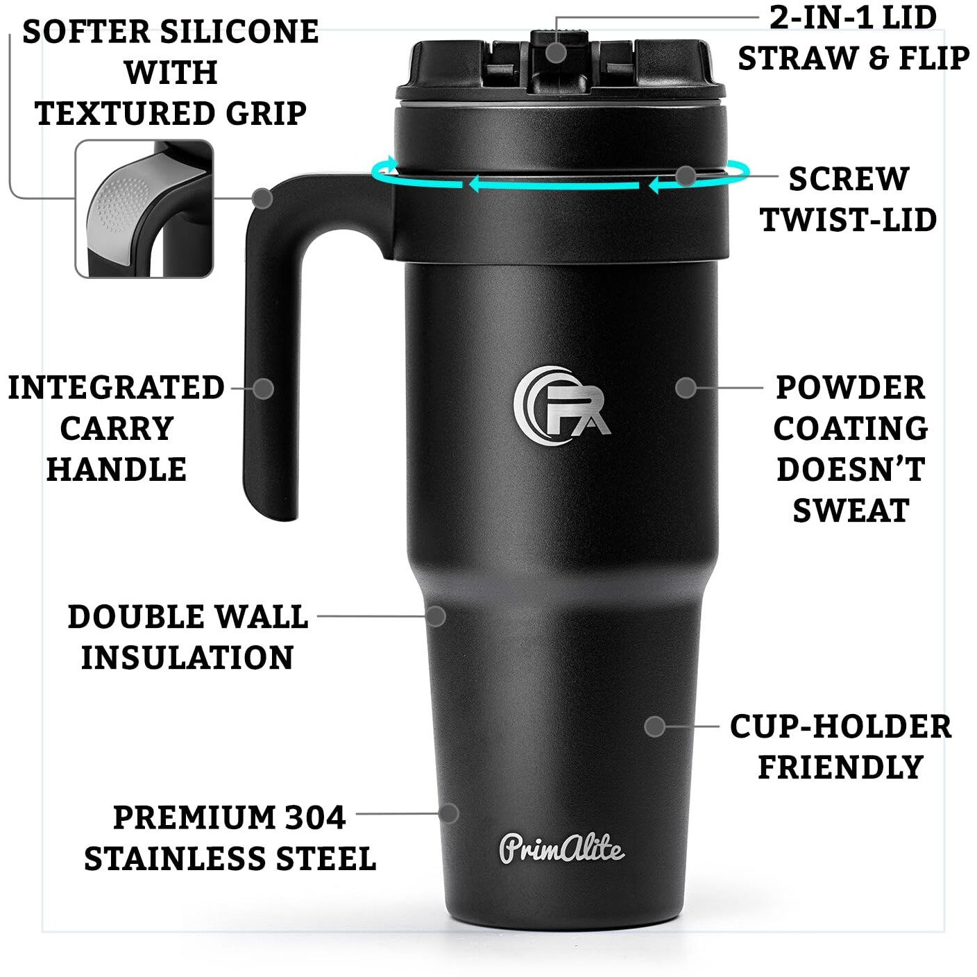 Primalite 1200Ml Stainless Steel Insulated Tumbler With Handle | 2-In-1 Straw & Flip Lid | 40Oz Travel Mug Bottle For Hot, Cold Drink | Fits In Car Cupholder For Water, Iced Tea, Coffee-Midnight Black