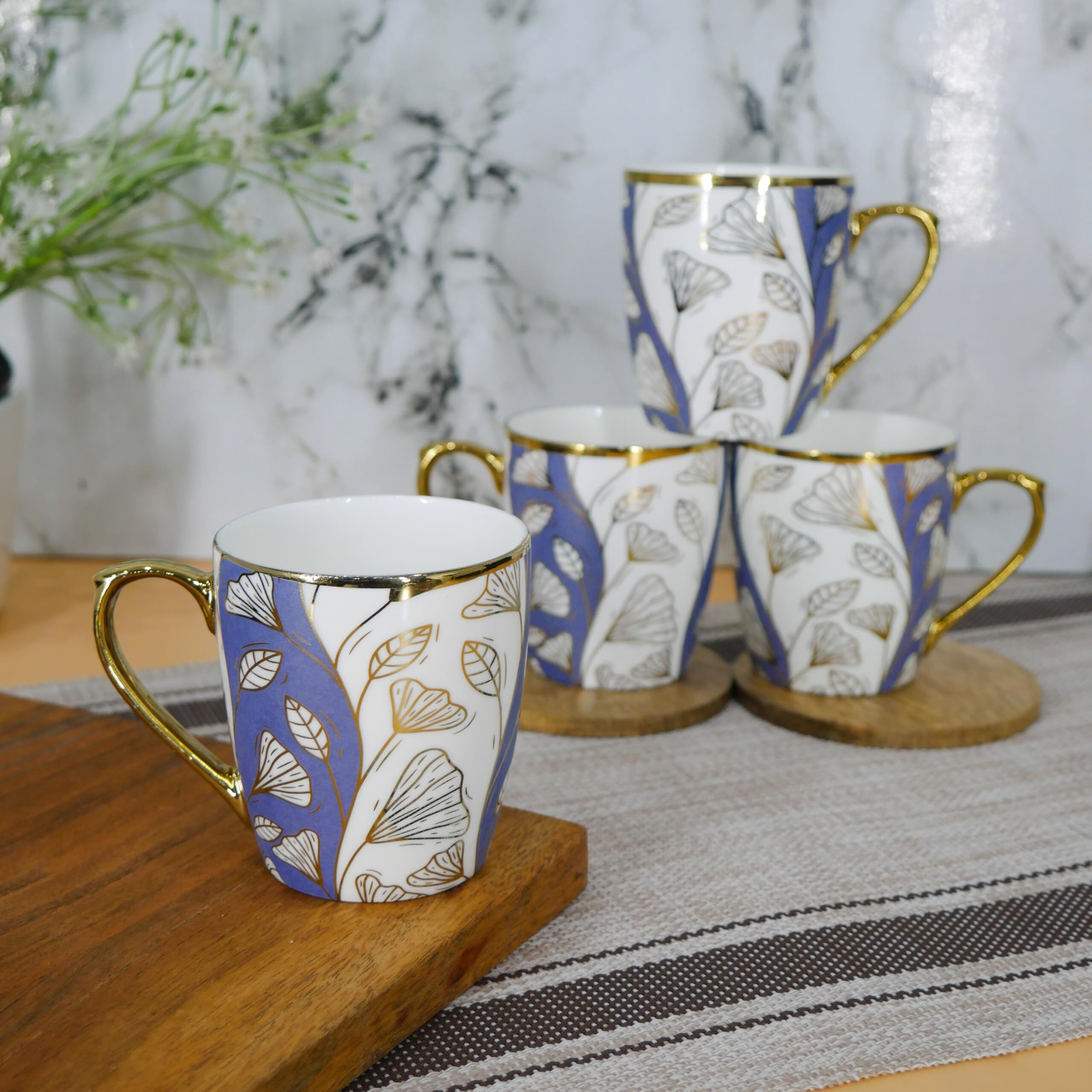 Femora Premium Vintage Denim Gold Finery Design Ceramic Coffee & Tea Cup Set Of 4, 160 Ml