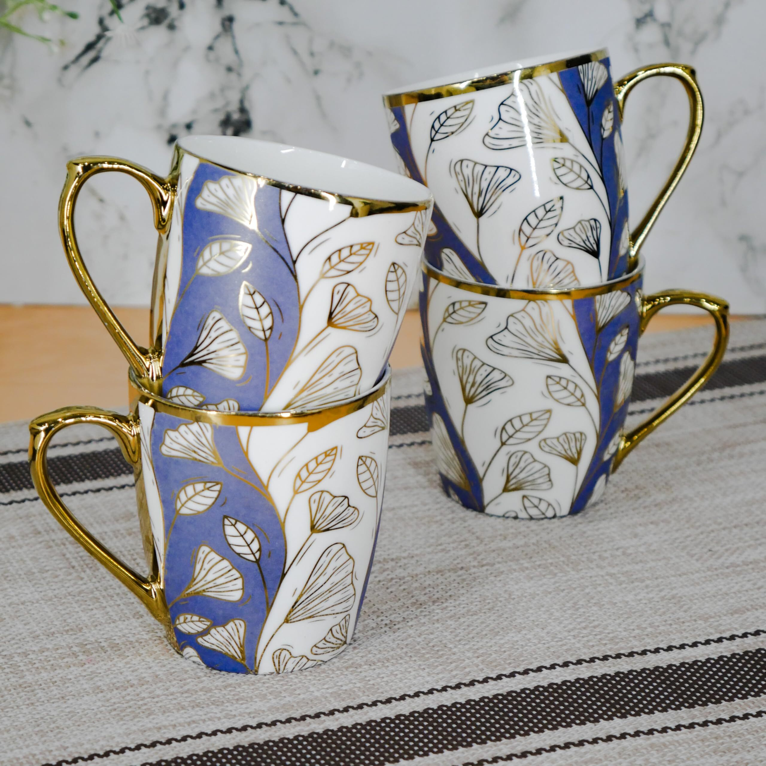 Femora Premium Vintage Denim Gold Finery Design Ceramic Coffee & Tea Cup Set Of 4, 160 Ml