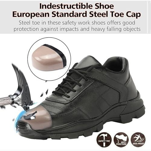 Stonix Gola Industrial Safety Sheos Men's|Sports Look & Genuine Leather|Lightweight Steel Toe Sheos|Slip Resistant & Comfortable(Size10) Black