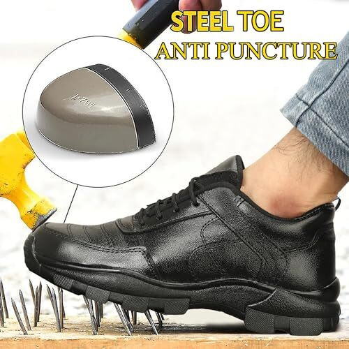 Stonix Gola Industrial Safety Sheos Men's|Sports Look & Genuine Leather|Lightweight Steel Toe Sheos|Slip Resistant & Comfortable(Size10) Black
