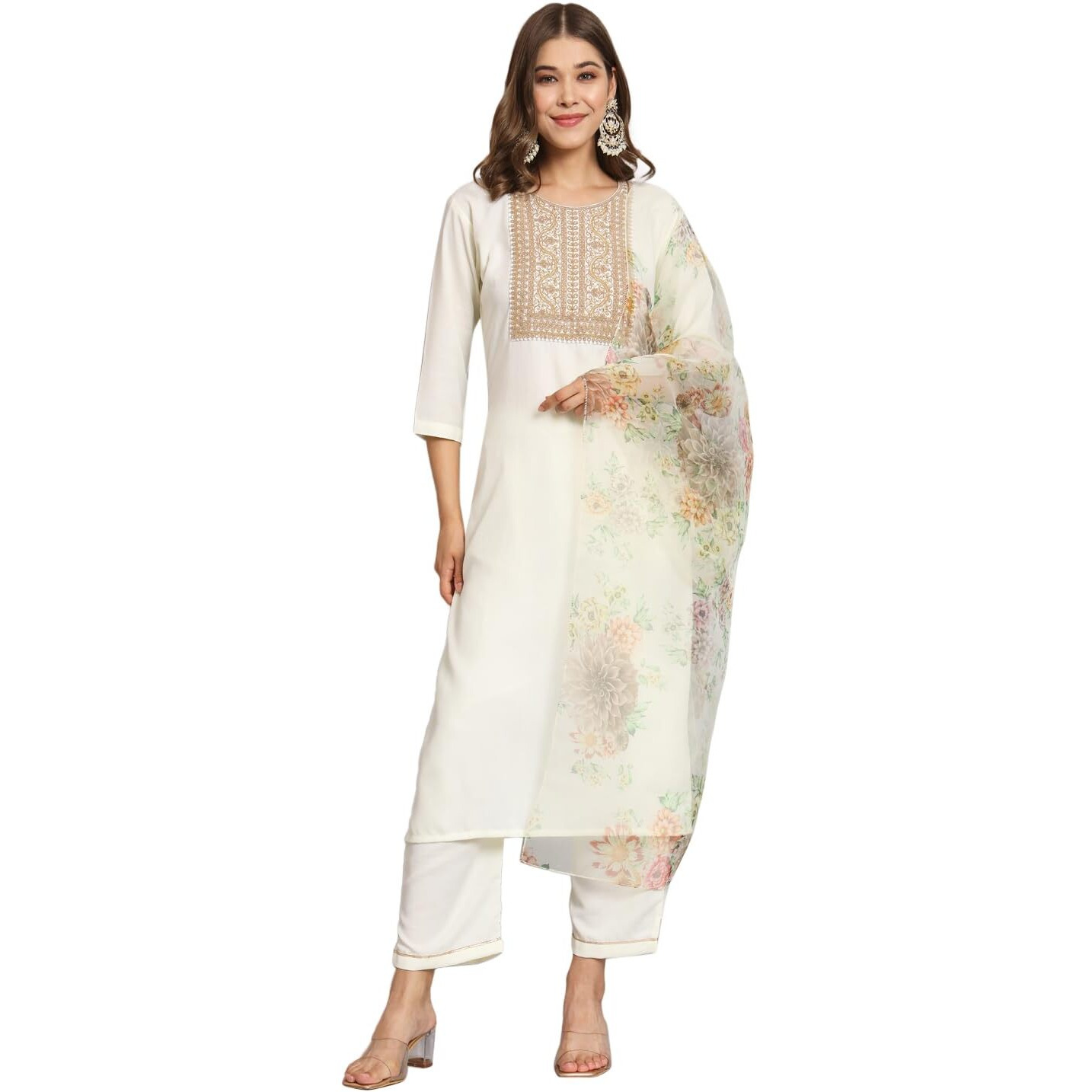 Vredevogel Women's Cotton Blend Embroidered Kurta With Pant & Organza Dupatta Set (White_Xx-Large)