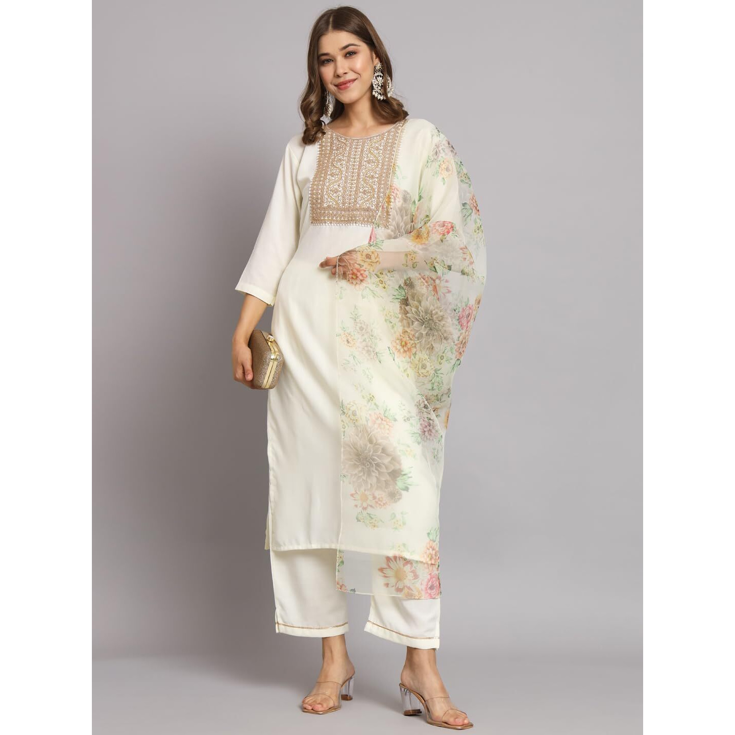 Vredevogel Women's Cotton Blend Embroidered Kurta With Pant & Organza Dupatta Set (White_Xx-Large)