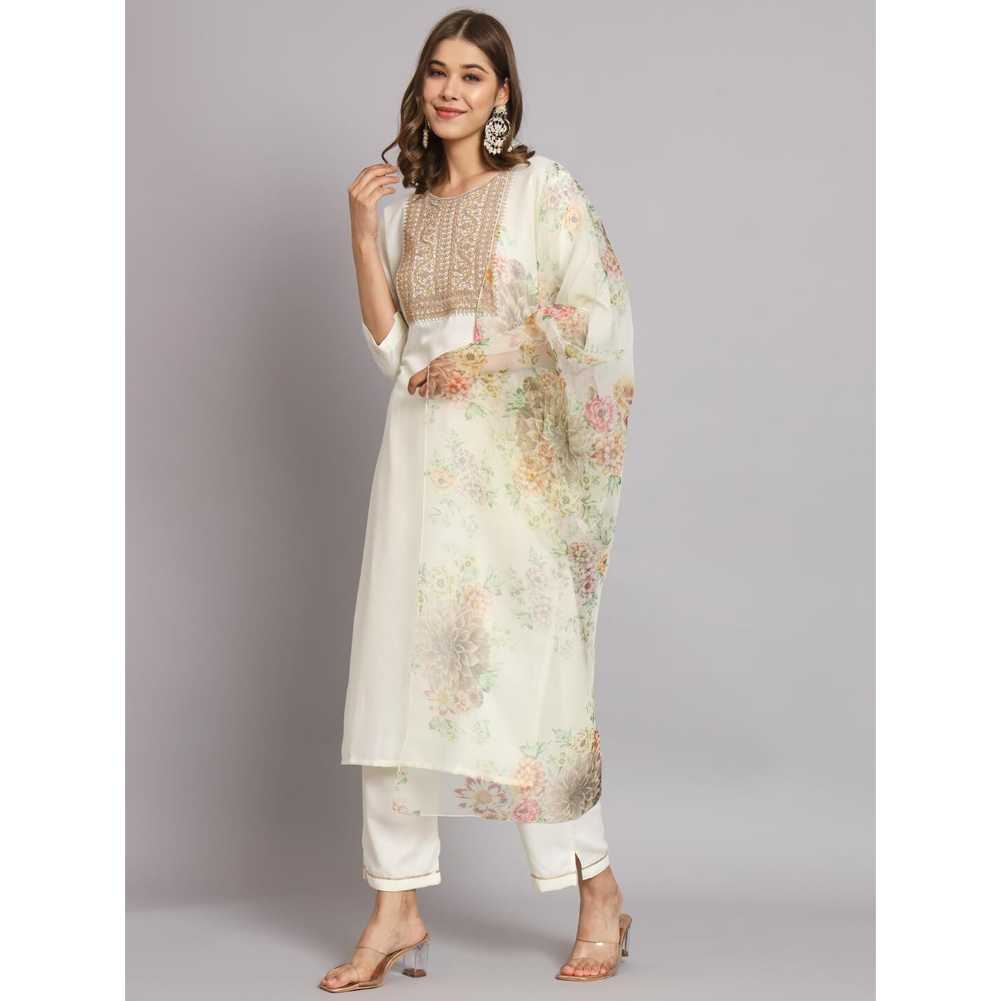 Vredevogel Women's Cotton Blend Embroidered Kurta With Pant & Organza Dupatta Set (White_Xx-Large)