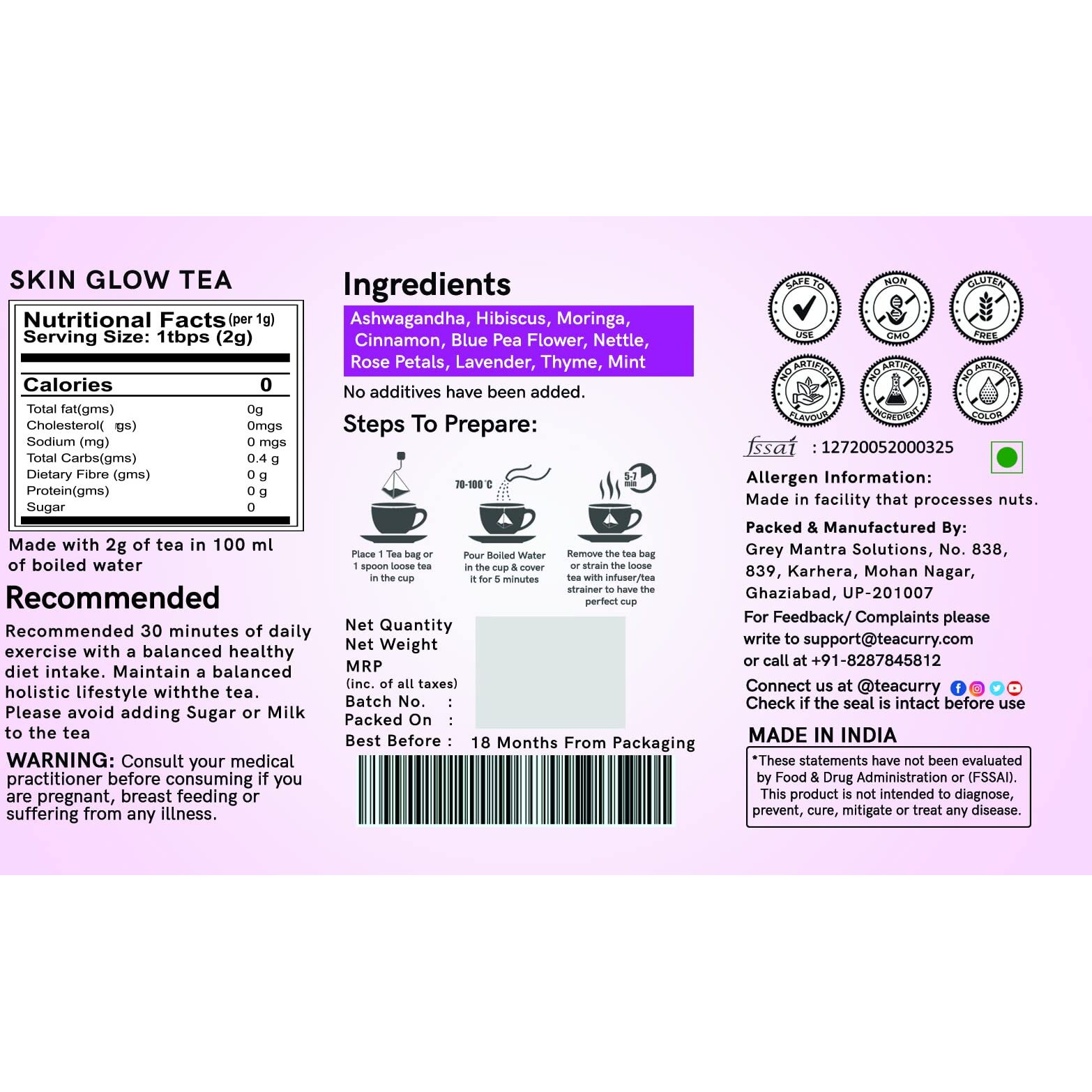 Teacurry 60 Day Skin Glow Tea - (50 Gms) Skin Glow Tea Organic For Skin Nourishment, Hydration & Detoxification | 100% Natural Clear Skin Tea For Glowing Soft And Smooth Skin