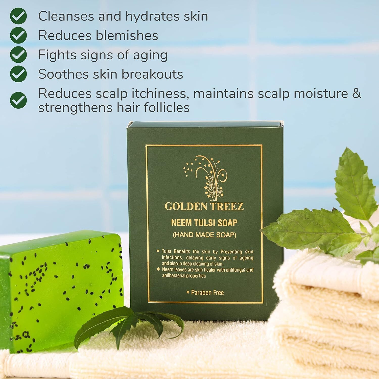 Golden Treez Neem Tulsi Handmade Bath Soap For Tan Removal, Acne (Pimples) Natural, Bathing Soap For Men And Women-115 Gm (Pack Of 2)