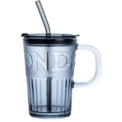 Kikiluxxa Black Glass Kids Fruit Juice Milk Sipper Tumbler Mug With Straw And Lid - Pacl Of 1 - Green Tea Coffee Soda Can Cup With Straw (B Pondo 1) 435 Ml