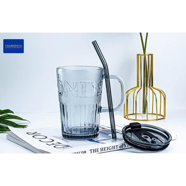 Kikiluxxa Black Glass Kids Fruit Juice Milk Sipper Tumbler Mug With Straw And Lid - Pacl Of 1 - Green Tea Coffee Soda Can Cup With Straw (B Pondo 1) 435 Ml