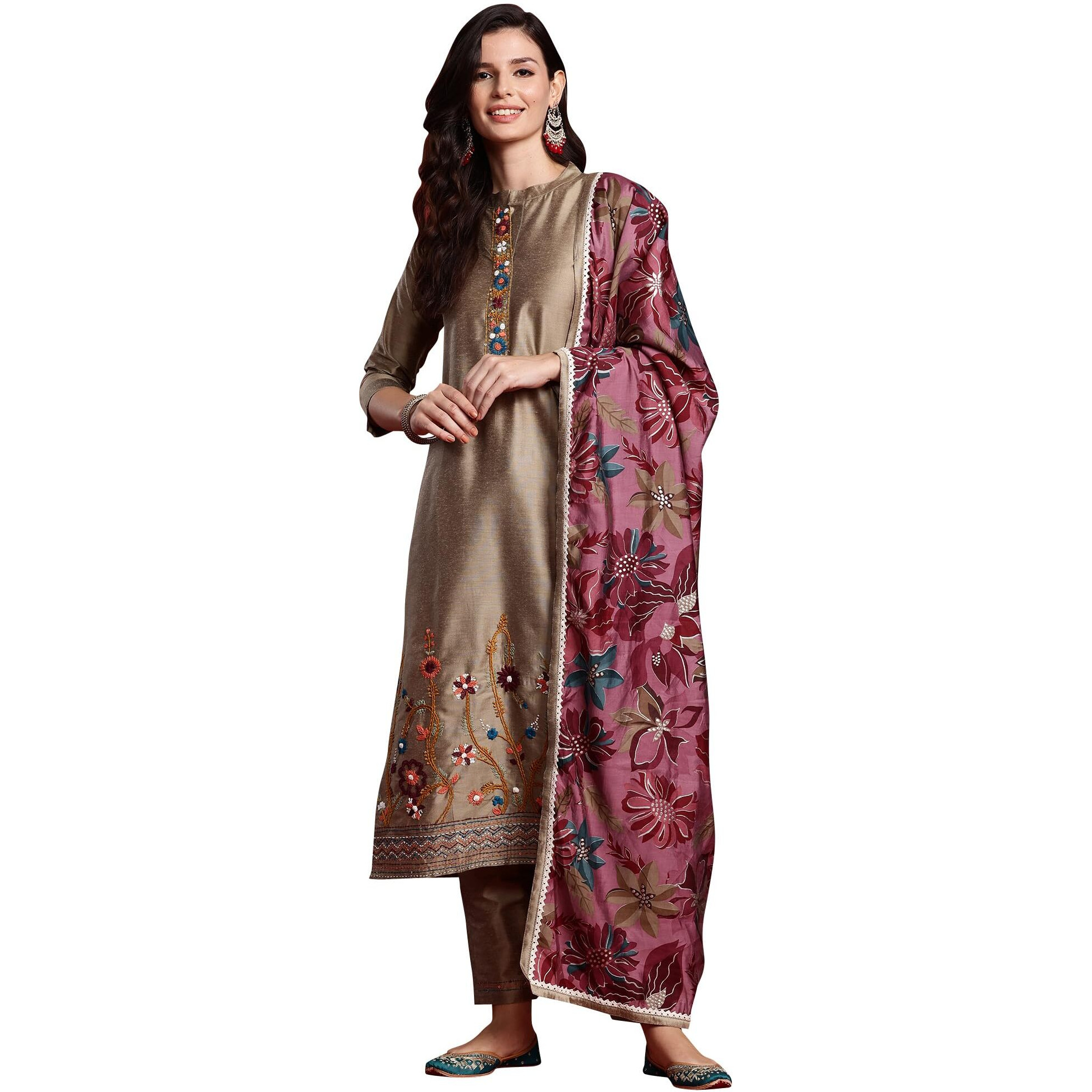 Indo Era Women's Beige Silk Blend Embroidered Regular Fit Straight Kurta & Pant With Dupatta Set (Kh9Be6753_X-Small)