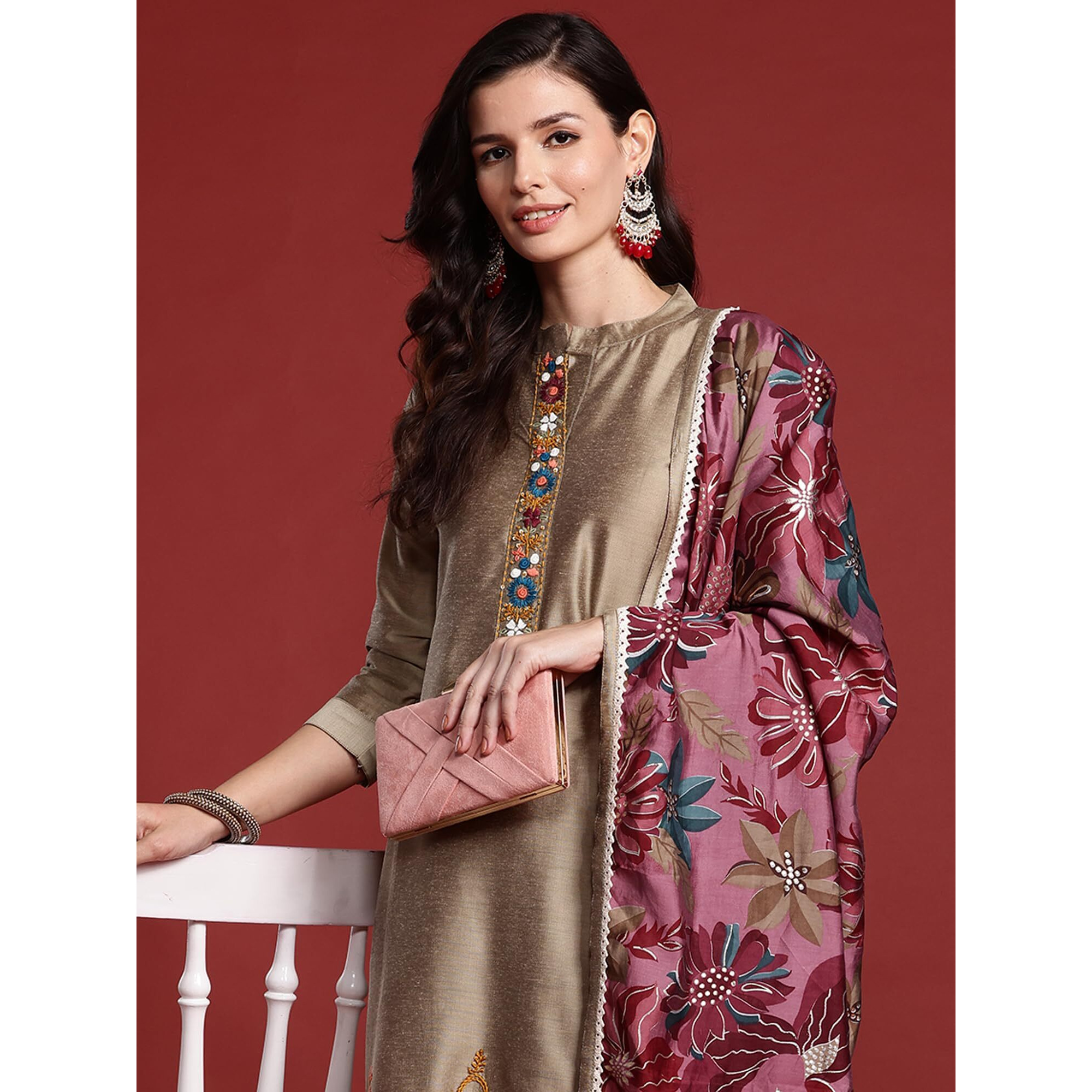 Indo Era Women's Beige Silk Blend Embroidered Regular Fit Straight Kurta & Pant With Dupatta Set (Kh9Be6753_X-Small)