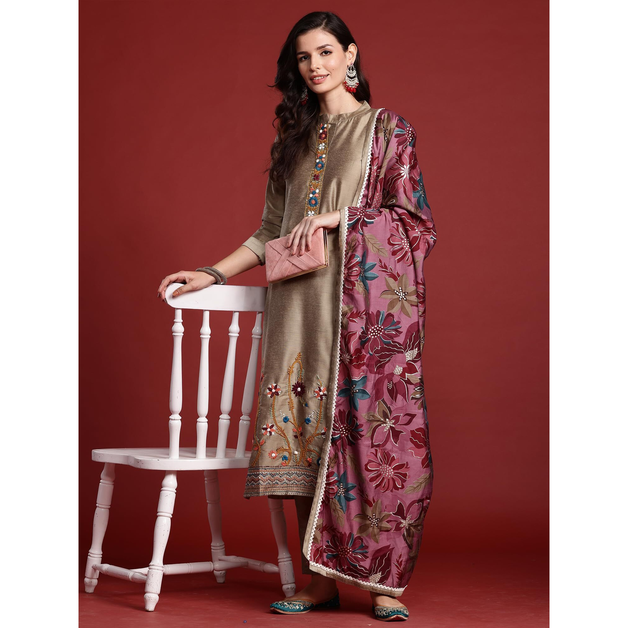 Indo Era Women's Beige Silk Blend Embroidered Regular Fit Straight Kurta & Pant With Dupatta Set (Kh9Be6753_X-Small)