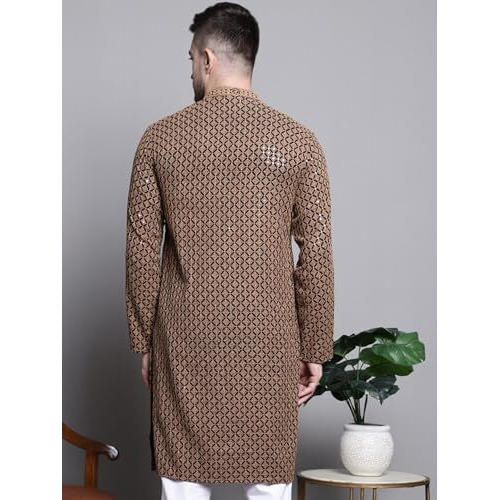 Jompers Mens Sequin Embroidered Pure Cotton Kurtas (Brown, Xxl)