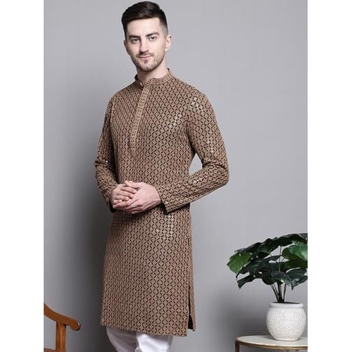 Jompers Mens Sequin Embroidered Pure Cotton Kurtas (Brown, Xxl)