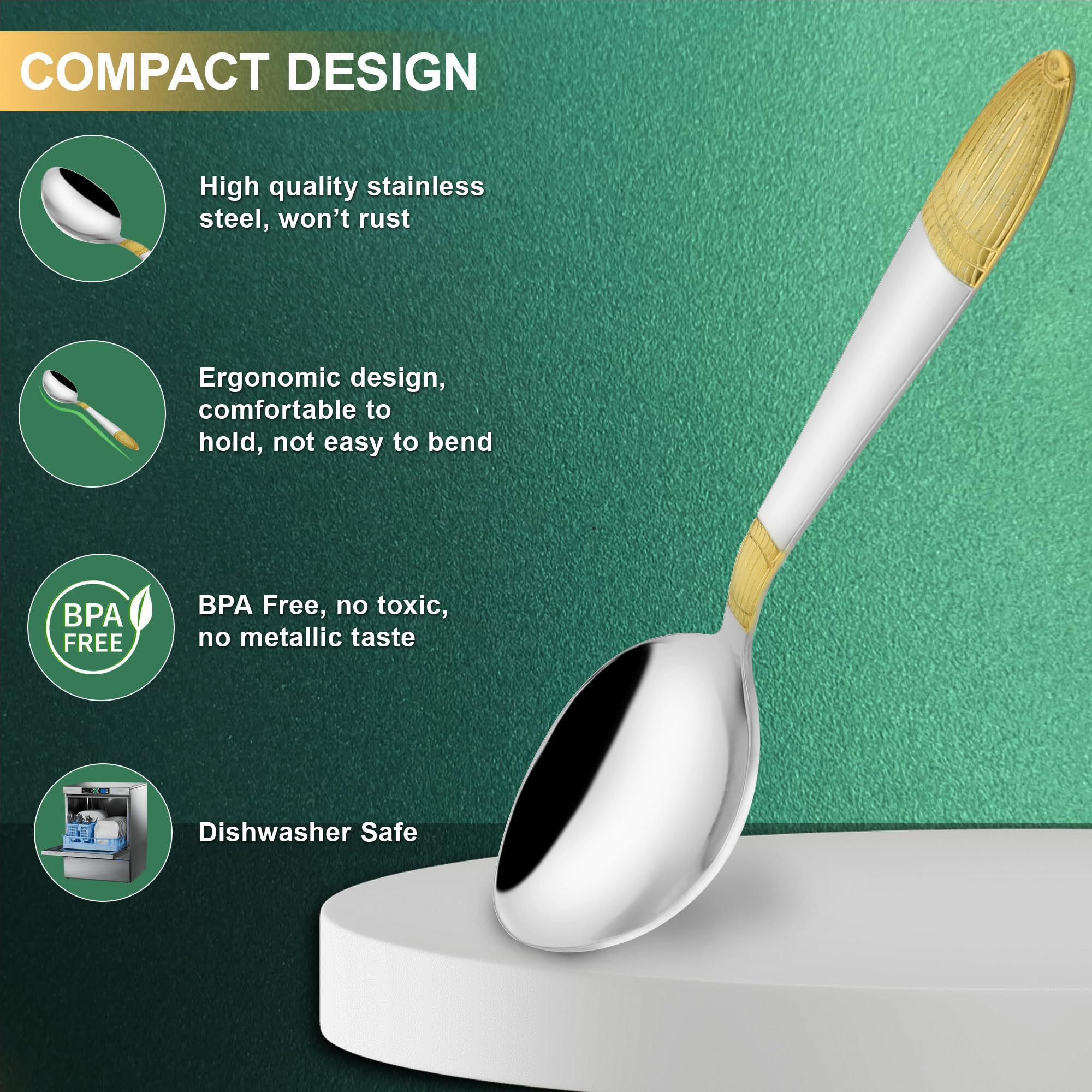 Parage 6 Pieces Stainless Steel 24K Golden Tea Spoons Set, 14 Cm Long, Premium Spoons For Home & Kitchen, Luxury Dining Tableware Gift For House Warming,24 Karat Gold Plated Small Spoon, Ivory Design