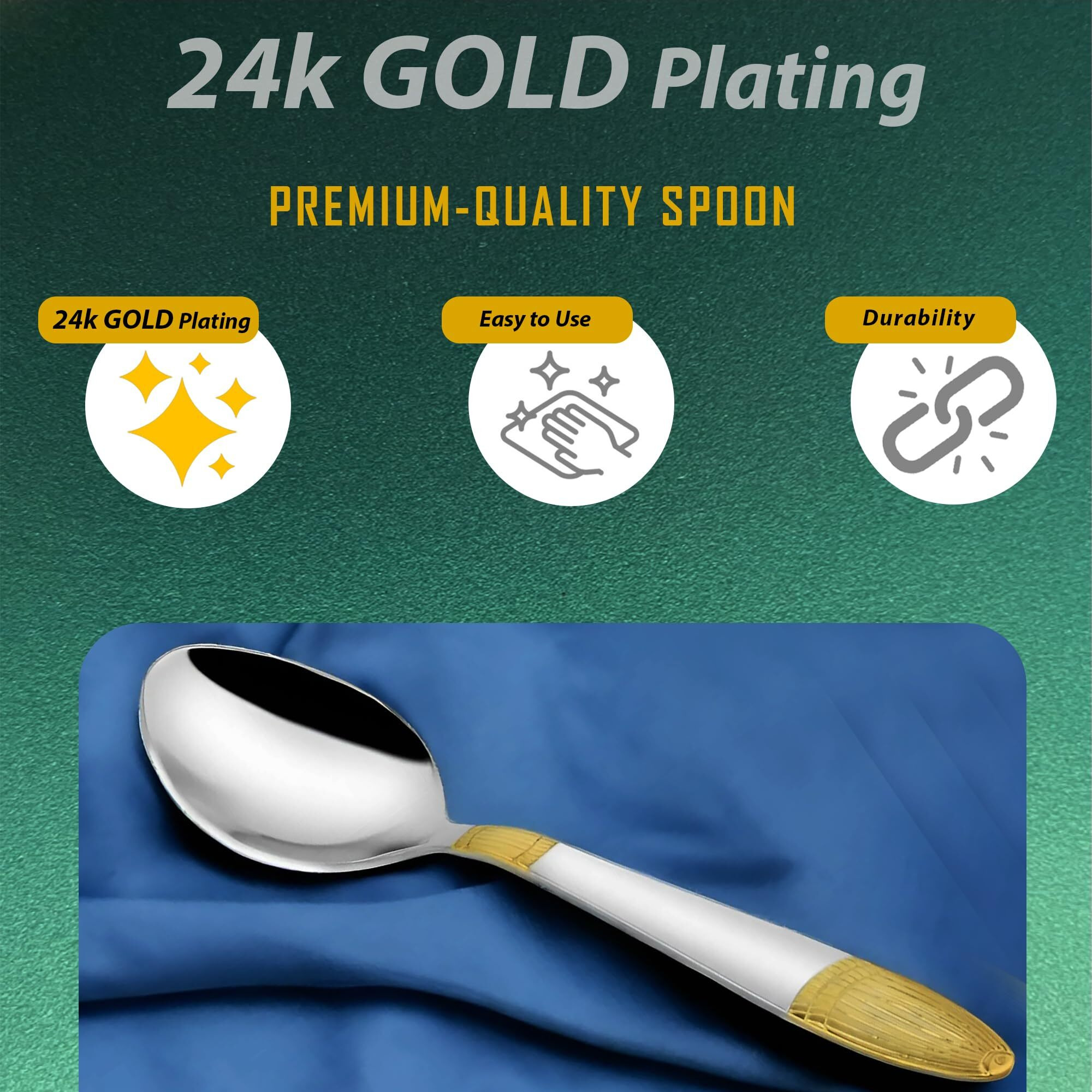 Parage 6 Pieces Stainless Steel 24K Golden Tea Spoons Set, 14 Cm Long, Premium Spoons For Home & Kitchen, Luxury Dining Tableware Gift For House Warming,24 Karat Gold Plated Small Spoon, Ivory Design