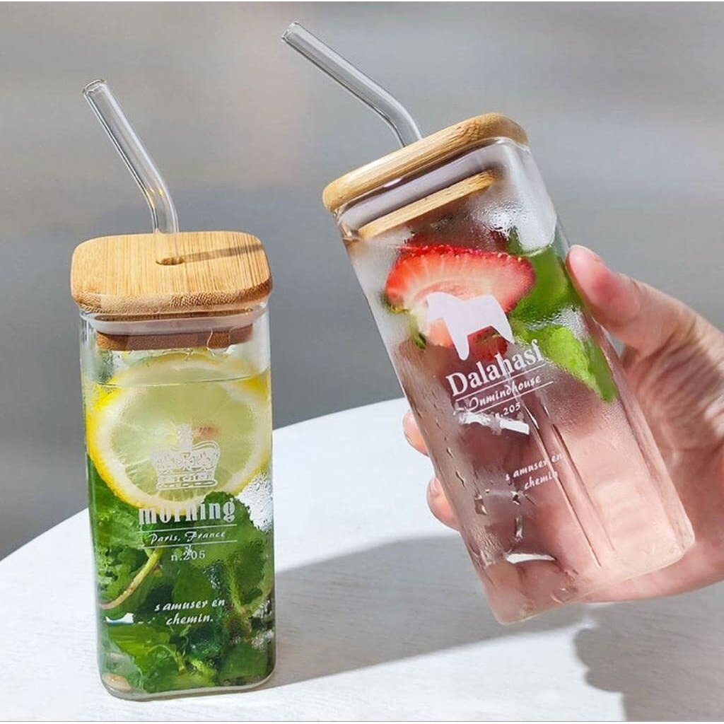 Kikiluxxa Soda Glass Water Tumbler Drinking Cup Green Tea And Coffee Can Glass Mug With Lid And Straw Set Of 2-320Ml For Beer Soda Drinking Fruit Juice Milk Glass Sipper Tumbler Cup