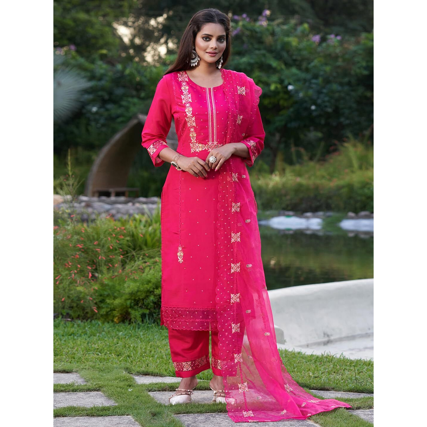 Indo Era Women's Embroidered Silk Blend Calf Length Straight Kurta Pant With Dupatta Set (Ieout7451_X-Large)