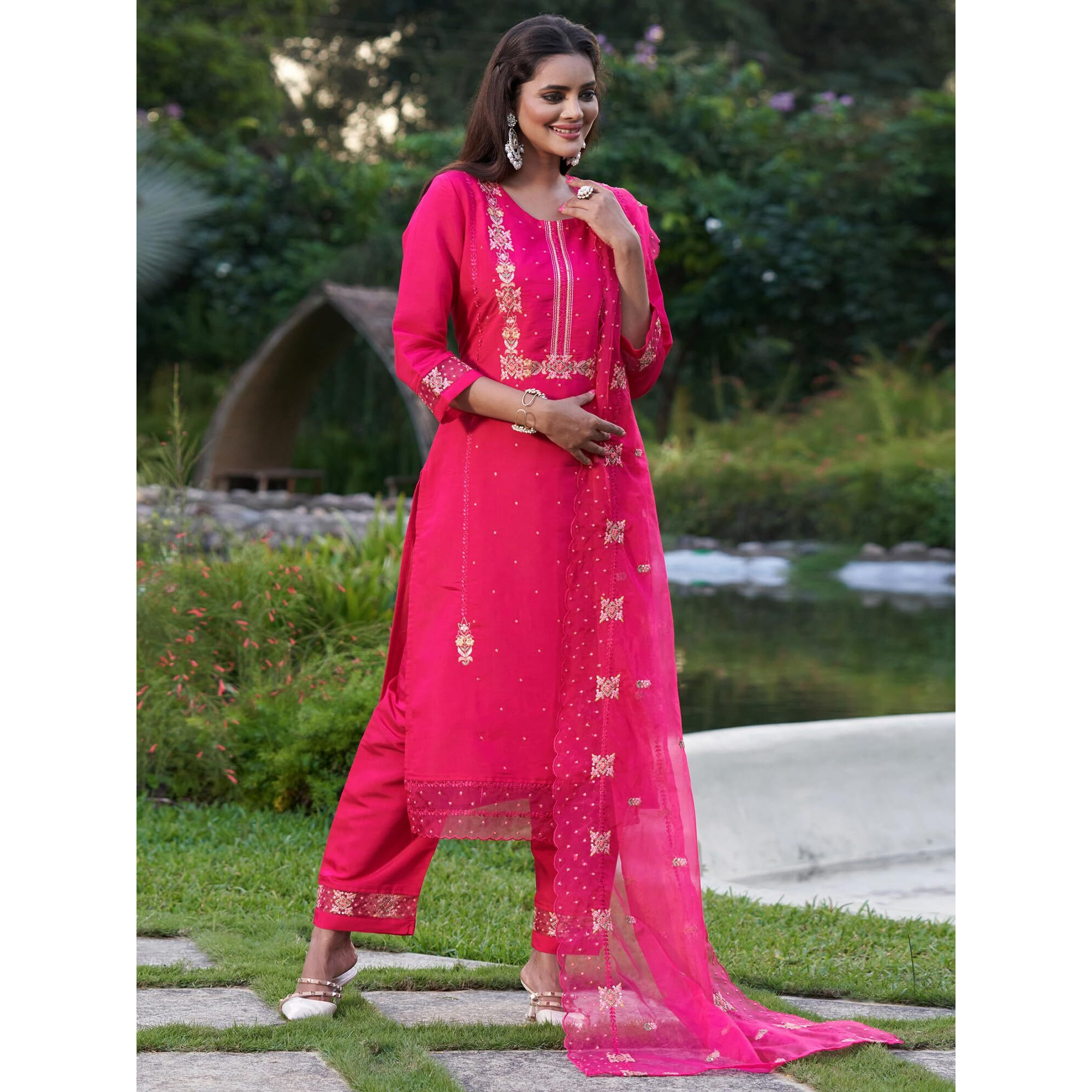 Indo Era Women's Embroidered Silk Blend Calf Length Straight Kurta Pant With Dupatta Set (Ieout7451_X-Large)