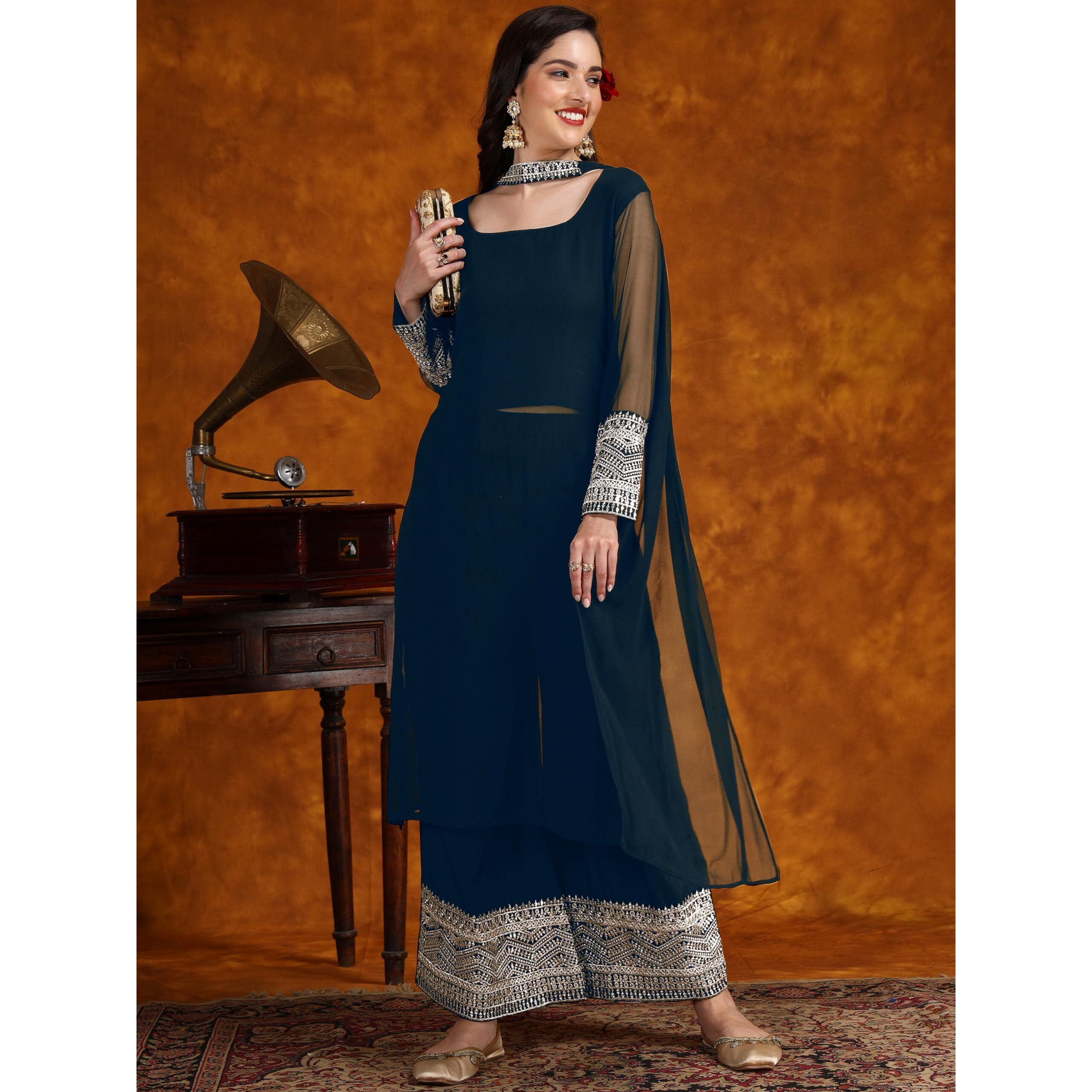 Ethnicjunction Women's Georgette Embroidered And Zari Work Kurta Palazzo And Dupatta Set (Teal)