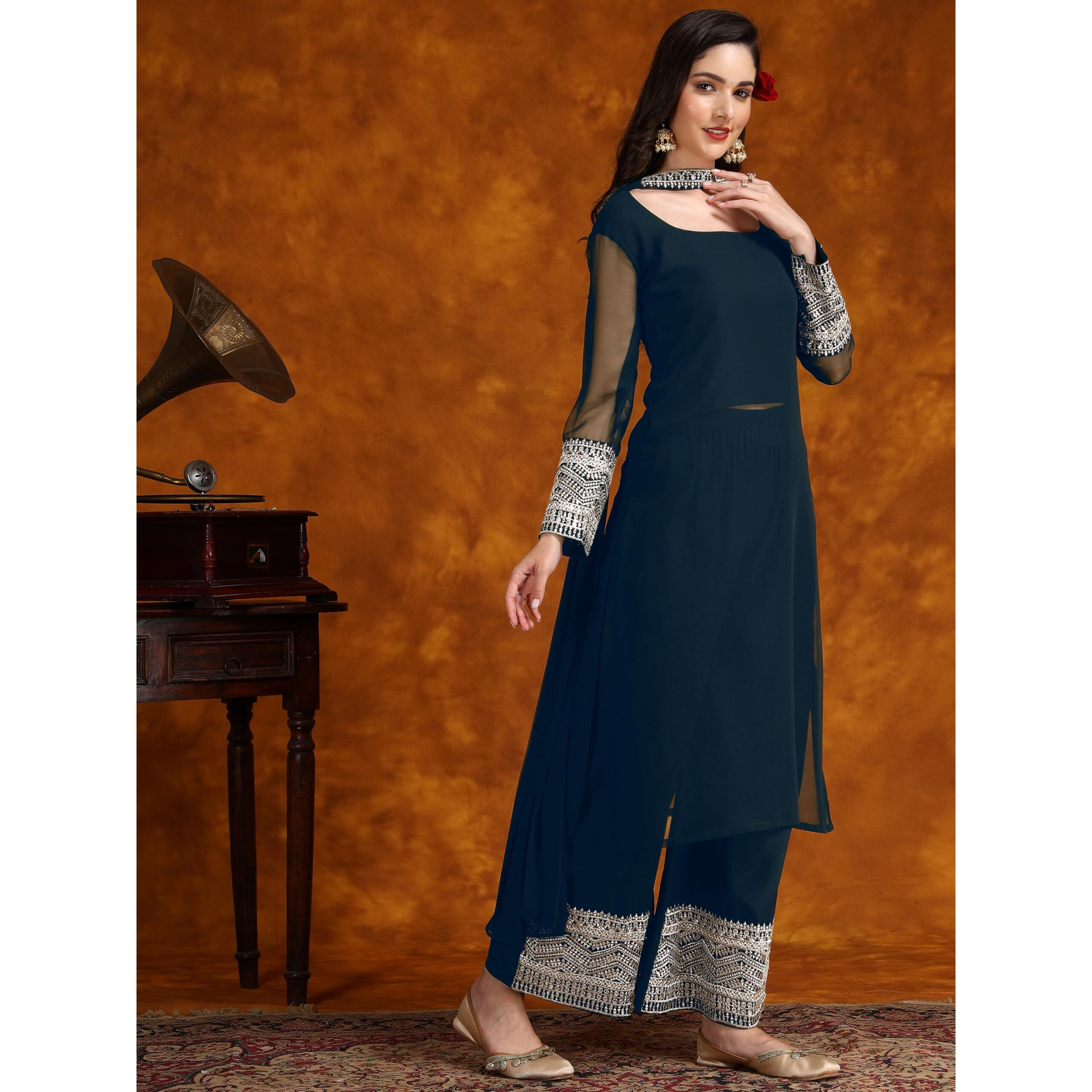 Ethnicjunction Women's Georgette Embroidered And Zari Work Kurta Palazzo And Dupatta Set (Teal)