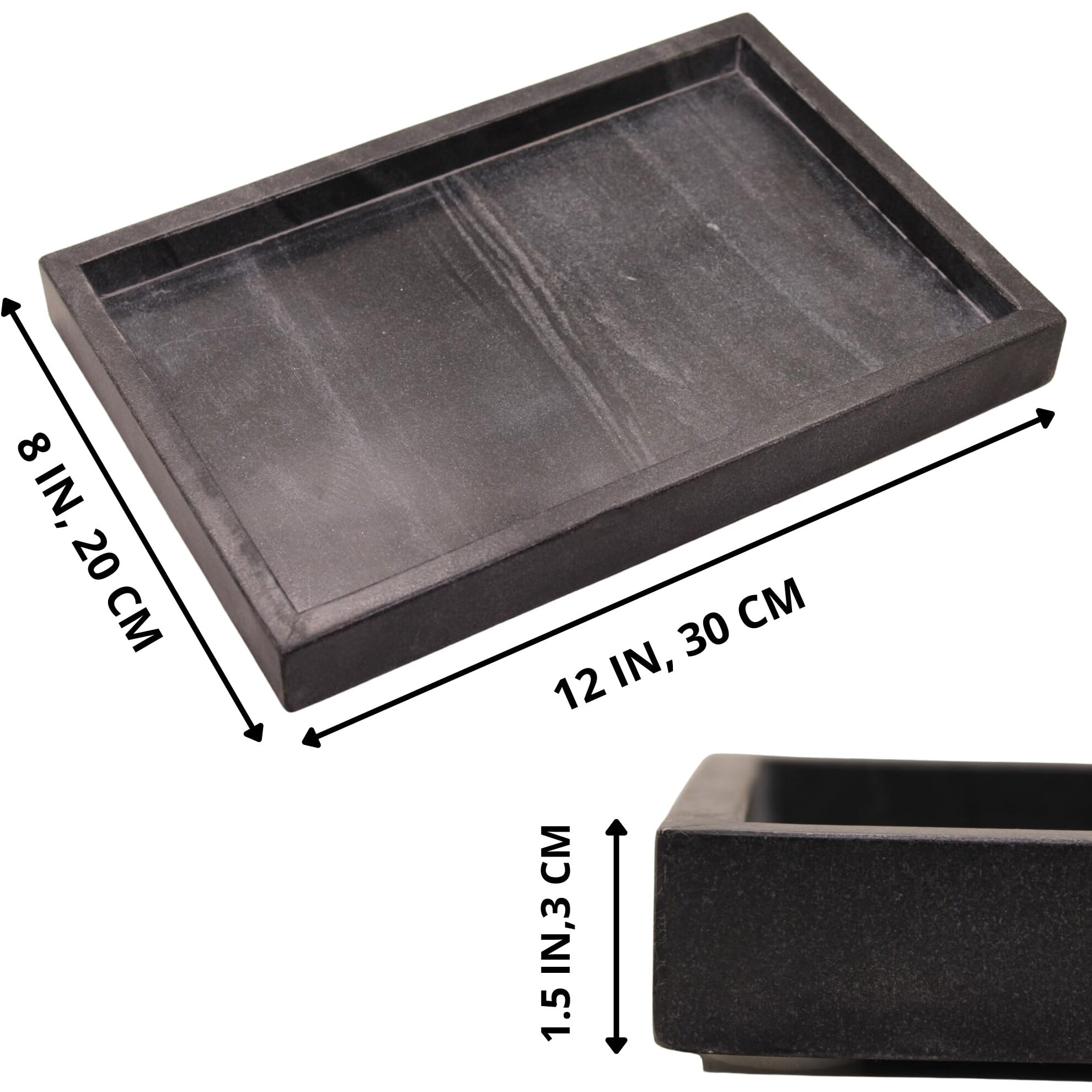 Kc Kullicraft Natural Marble Tray For Desktop/Kitchen/Vanity/Bathroom, Stone Organizer Tray For Coffee Table, Plate Holder For Tissues, Candles, Soap, Towel, Plant (Black Bright, Medium 12 X 8)