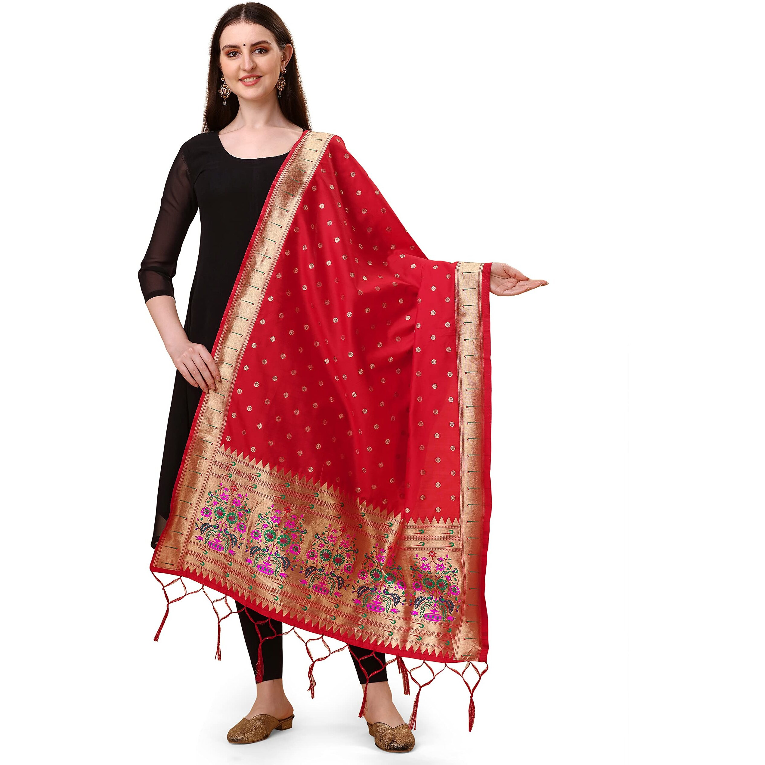 Devangi Women's Woven Paithani Banarasi Silk Dupatta/Chunni For Women, Animal Print 1 Meter Wide And 2.3 Meter Length Printed Designer Dupatta/Chunni For Girls (Red)