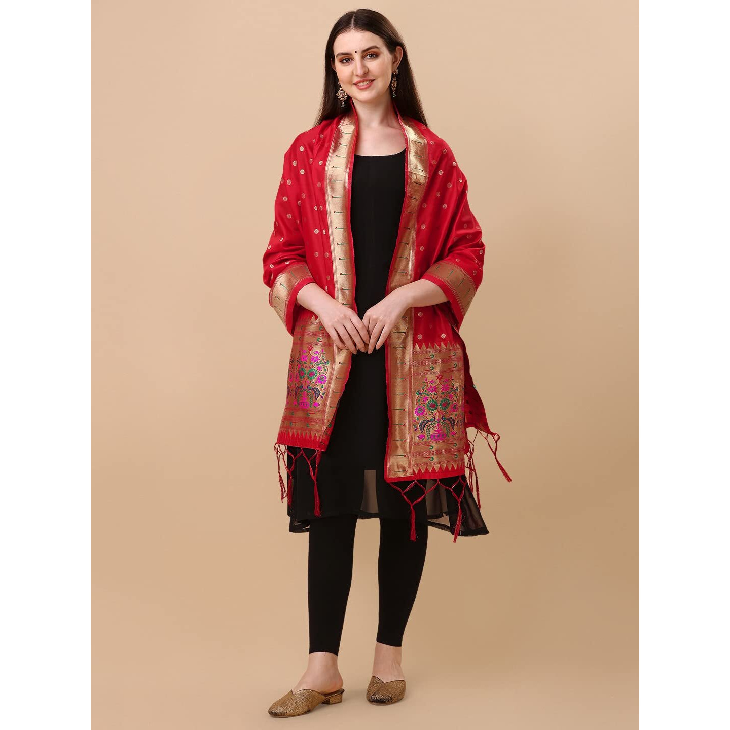 Devangi Women's Woven Paithani Banarasi Silk Dupatta/Chunni For Women, Animal Print 1 Meter Wide And 2.3 Meter Length Printed Designer Dupatta/Chunni For Girls (Red)