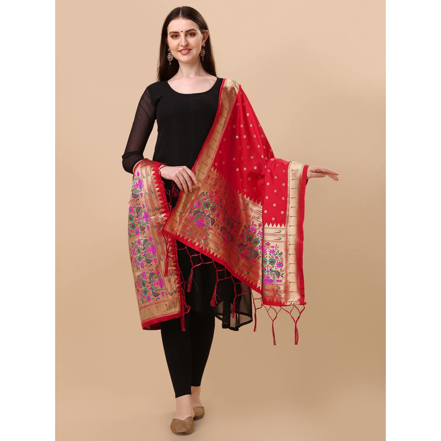 Devangi Women's Woven Paithani Banarasi Silk Dupatta/Chunni For Women, Animal Print 1 Meter Wide And 2.3 Meter Length Printed Designer Dupatta/Chunni For Girls (Red)