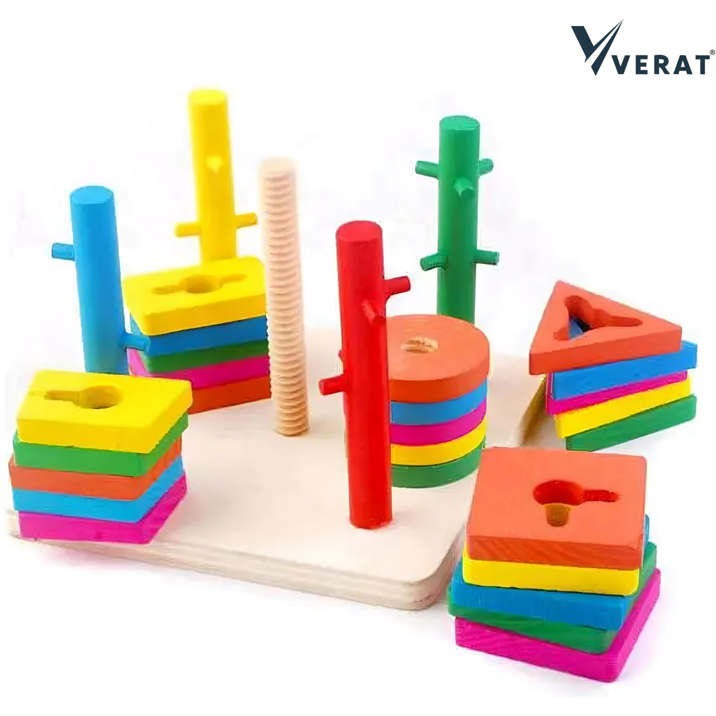 Verat Wooden Clock Teaching Time Number Blocks Shape Color Stacking Sorting Montessori Early Learning Educational Toy | Gift For 3 Year Old Toddler Baby Kids (4 Shapes)