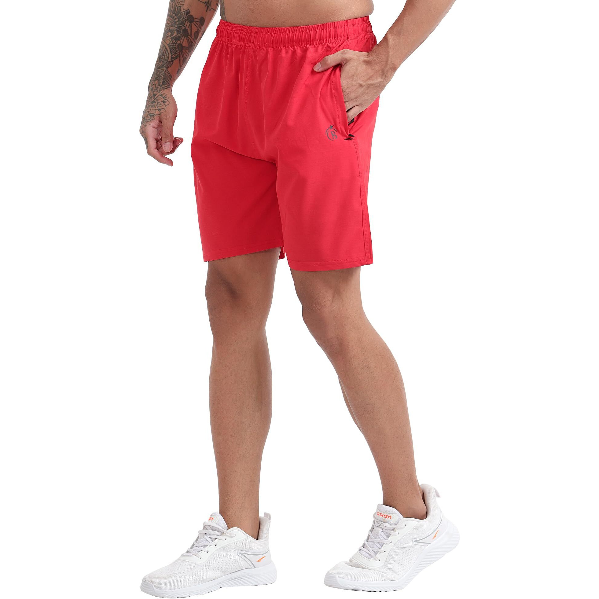 Blue Star Shark Athletic Sports Shorts For Men With Zip Pockets And Elastic Waistband Quick Dry Lightweight Activewear Combo - Pack Of 2 (Color Red And Grey, SizeXl)