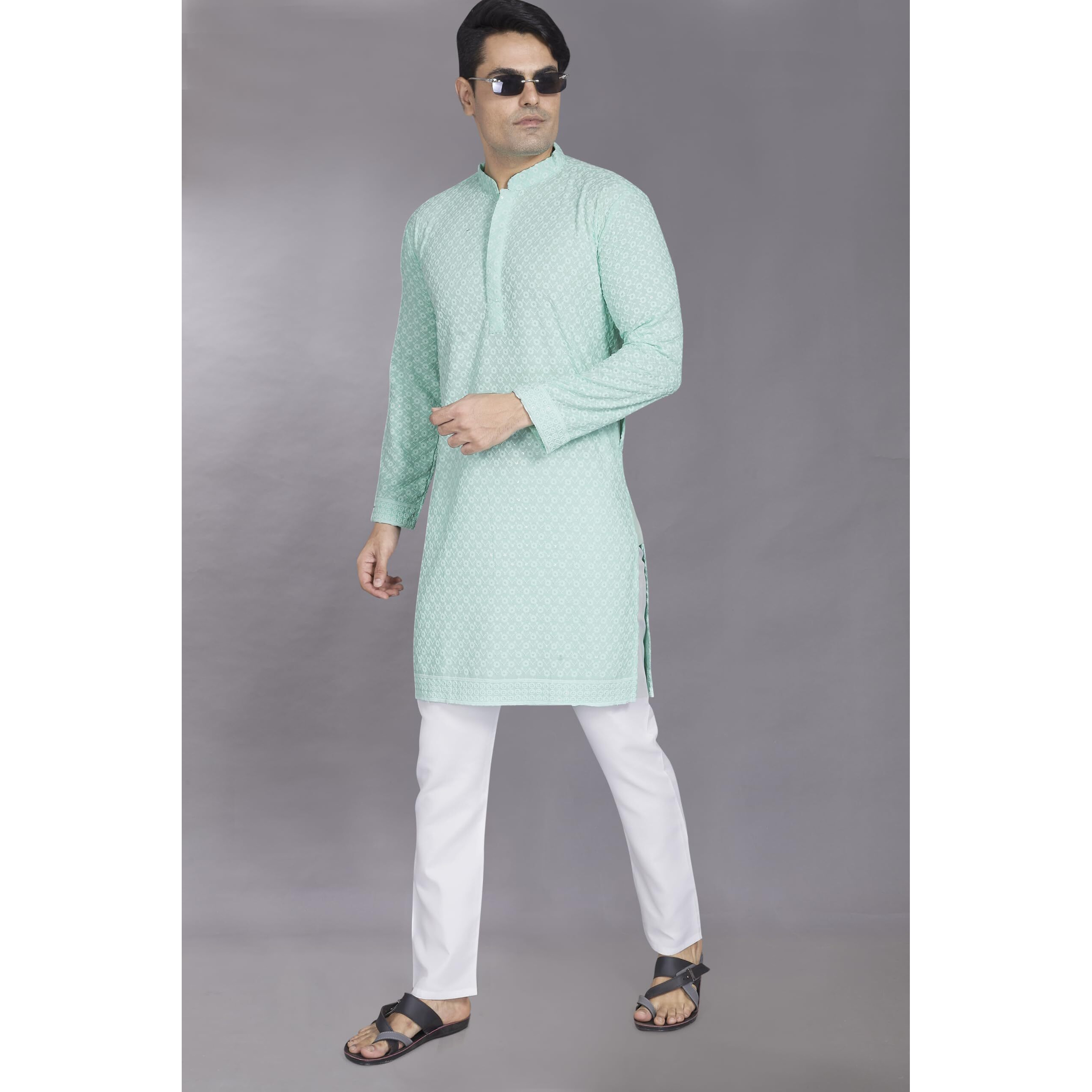 Divisive Men's Sequince Embroidered Cotton Blend Only Slim Fit Kurta (Dkrt881_Xxxl_Sky)